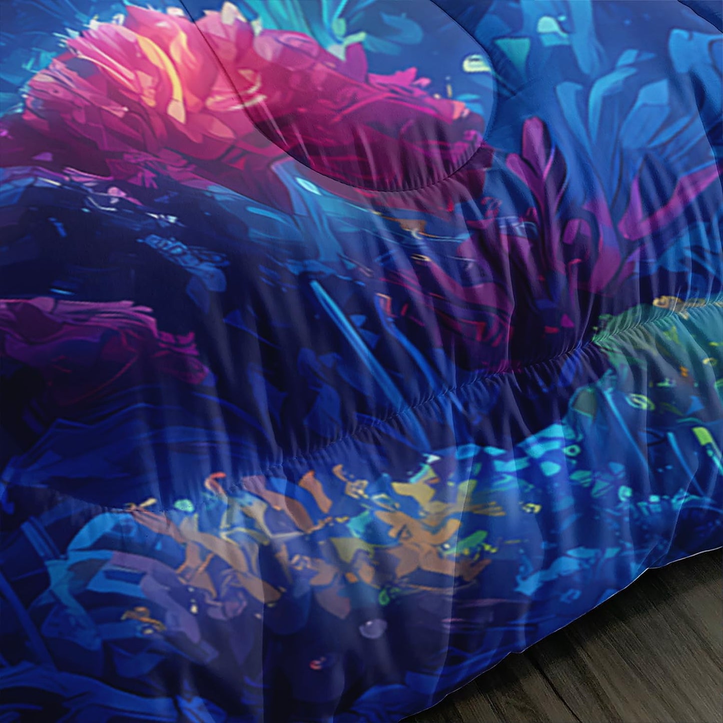 Fantasy Jellyfish Comforter King Bedding Sets for Girls Kids Toddlers,Coral Starfish Ocean Theme Bedroom Decor,Blue Underwater World Bedding Sets with 2 Pillowcases.