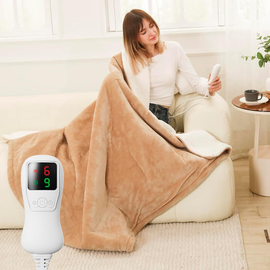 Electric Heated Blanke Throw Size, Super Soft Cozy Upgraded Flannel Heating Blanket with 9 Heating Levels & 1-9 Hours Auto Off, Fast Heat & Overheat Protection, 50" x 60", Khaki