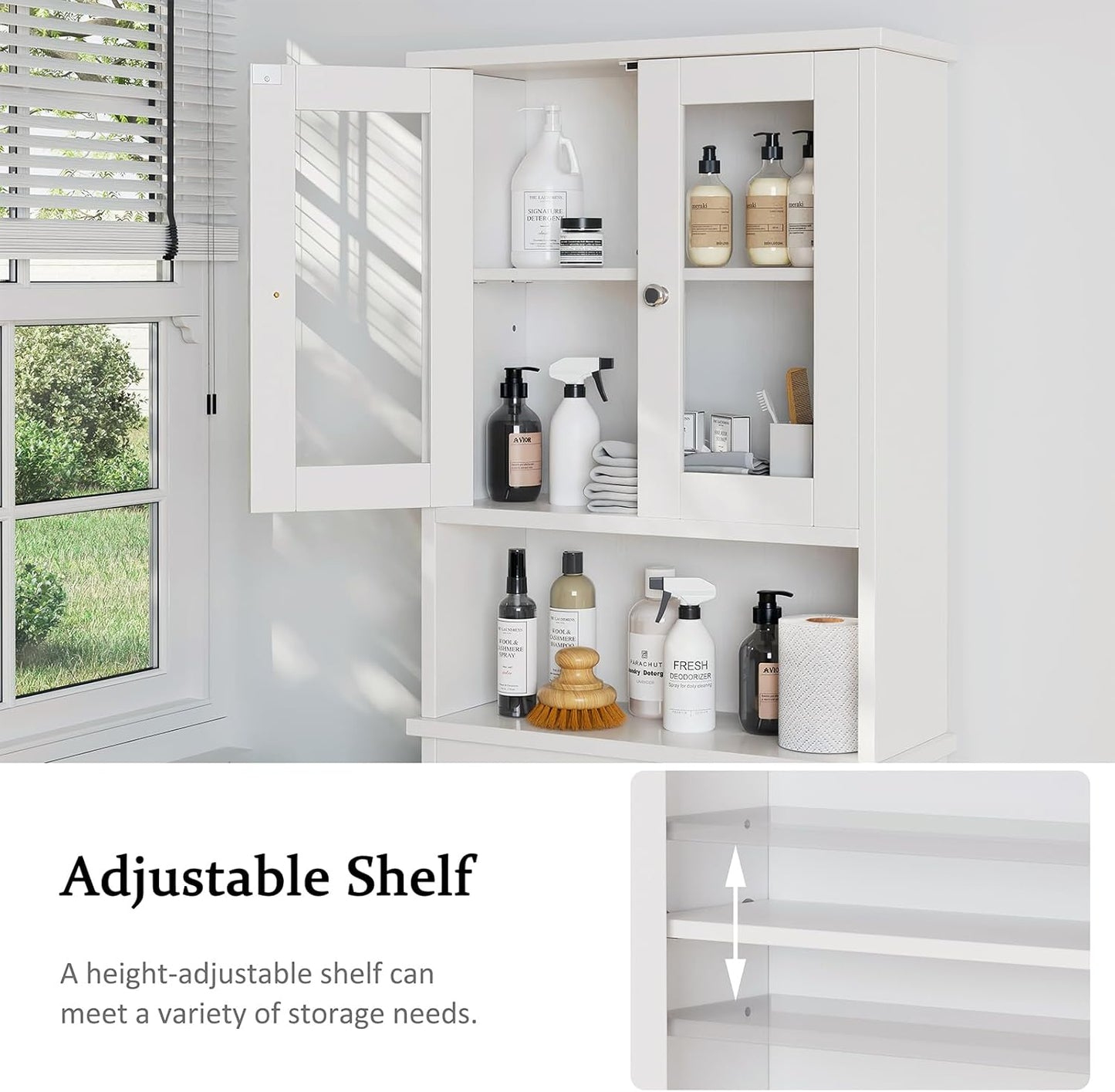 Meilocar Over The Toilet Storage Cabinet for Bathroom, Storage Organizer Over Toilet, Space Saver with Tempered Glass Doors, White