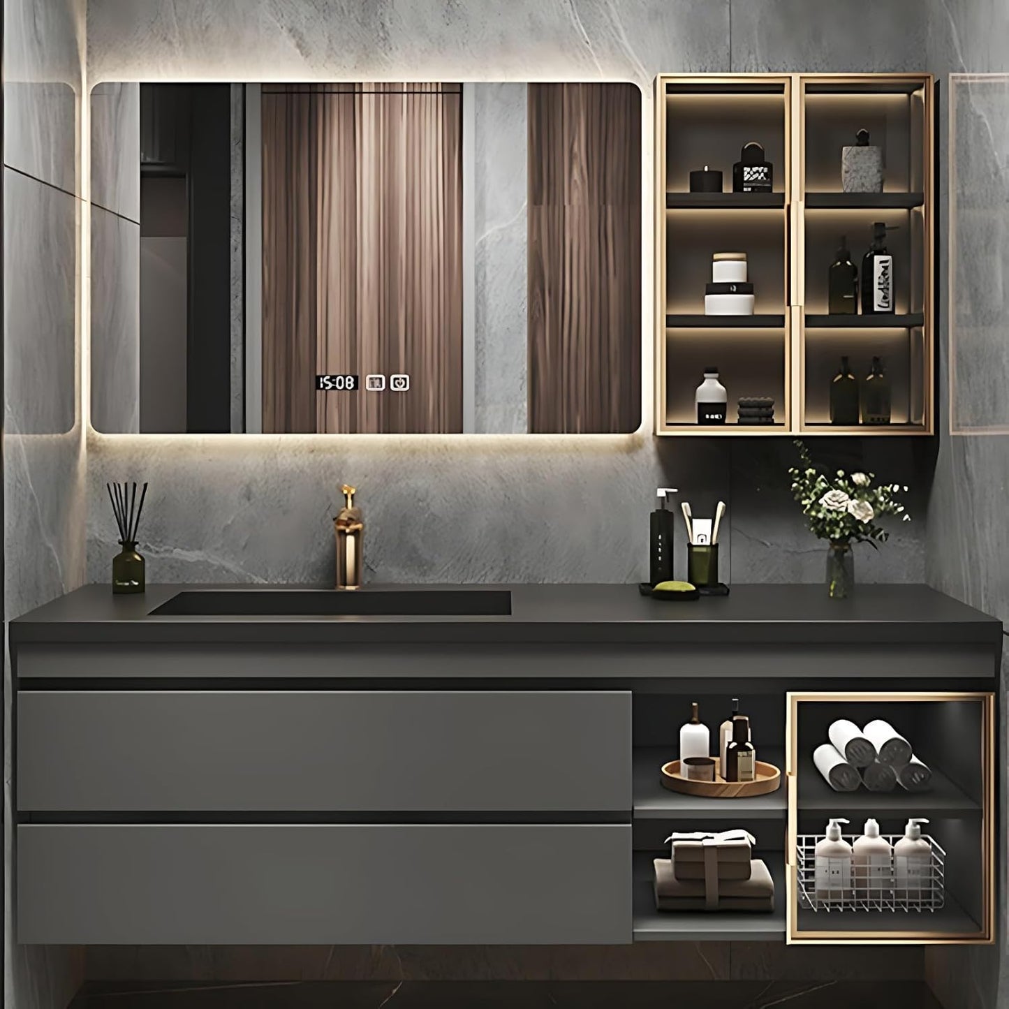 Bathroom Vanity with Sink - Luxury Bathroom Vanities, Floating Vanity with Smart Defogging Mirror, Multi-Layer Solid Wood Material - Complete Accessories (72")