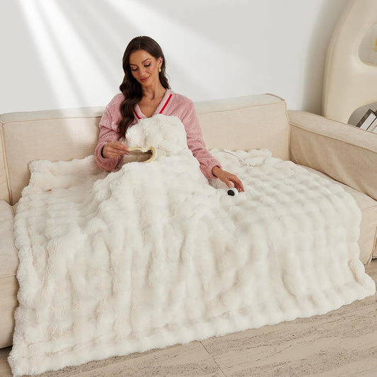 Faux Rabbit Fur Electric Blanket Throw 51"x63" – Heated Blanket with 5 Heat Settings, Timer & Digital Display, Fast Heating, Machine Washable Bubble Plush Heating Throw（White