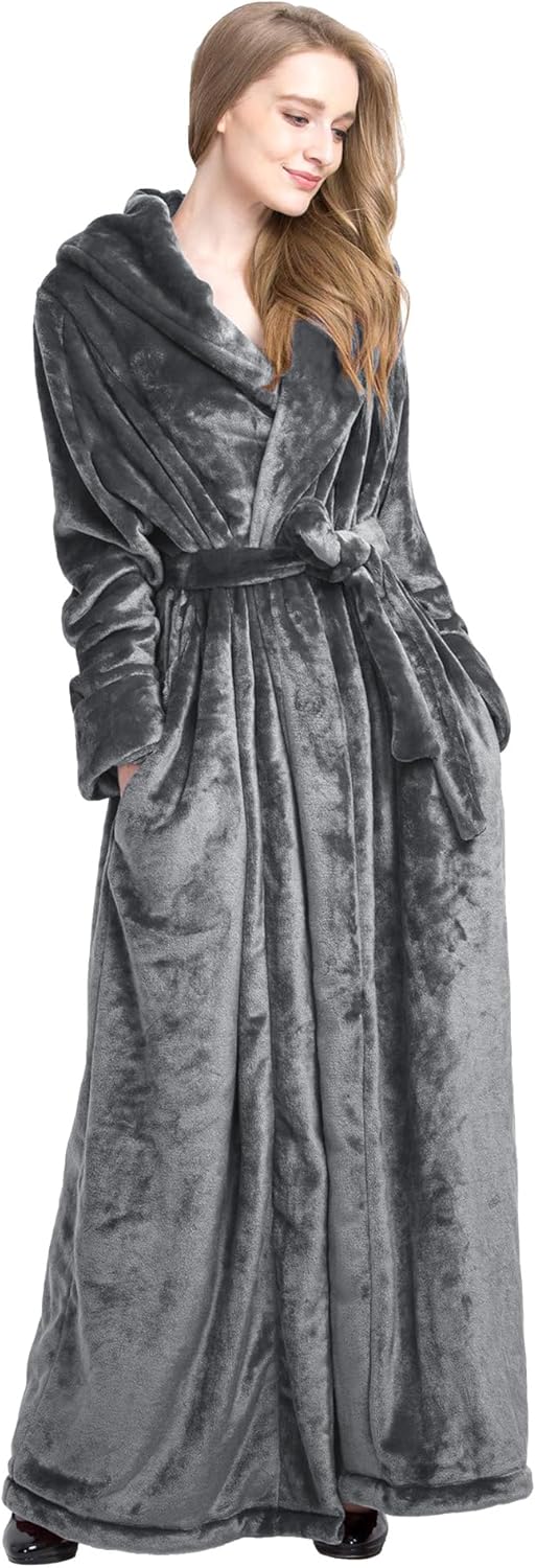 Women's Plush Robe Extra Long Robe with Pockets Thicken Soft Warm Bathrobe