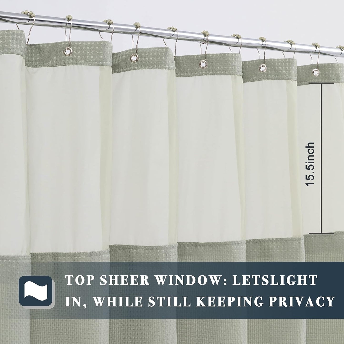 N&Y HOME Extra Long Waffle Weave Shower Curtain with Snap-in Fabric Liner & Hooks Set - 71" x 84", Hotel Style & Mesh Top Window, Machine Washable - 71x84 Inches, Sage Green