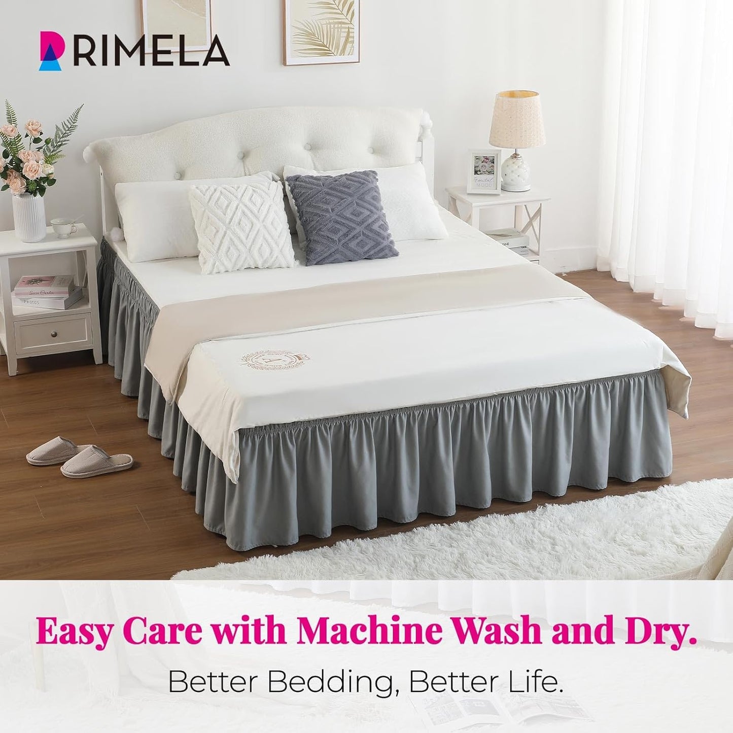 RIMELA Light Grey Bed Skirt Full Size 12 Inch Drop, Elastic Bed Skirting for Bed Base and Frame, Bedding Dust Ruffle Easy to Install, Lightweight Wrap Around Adjustable Bedskirt
