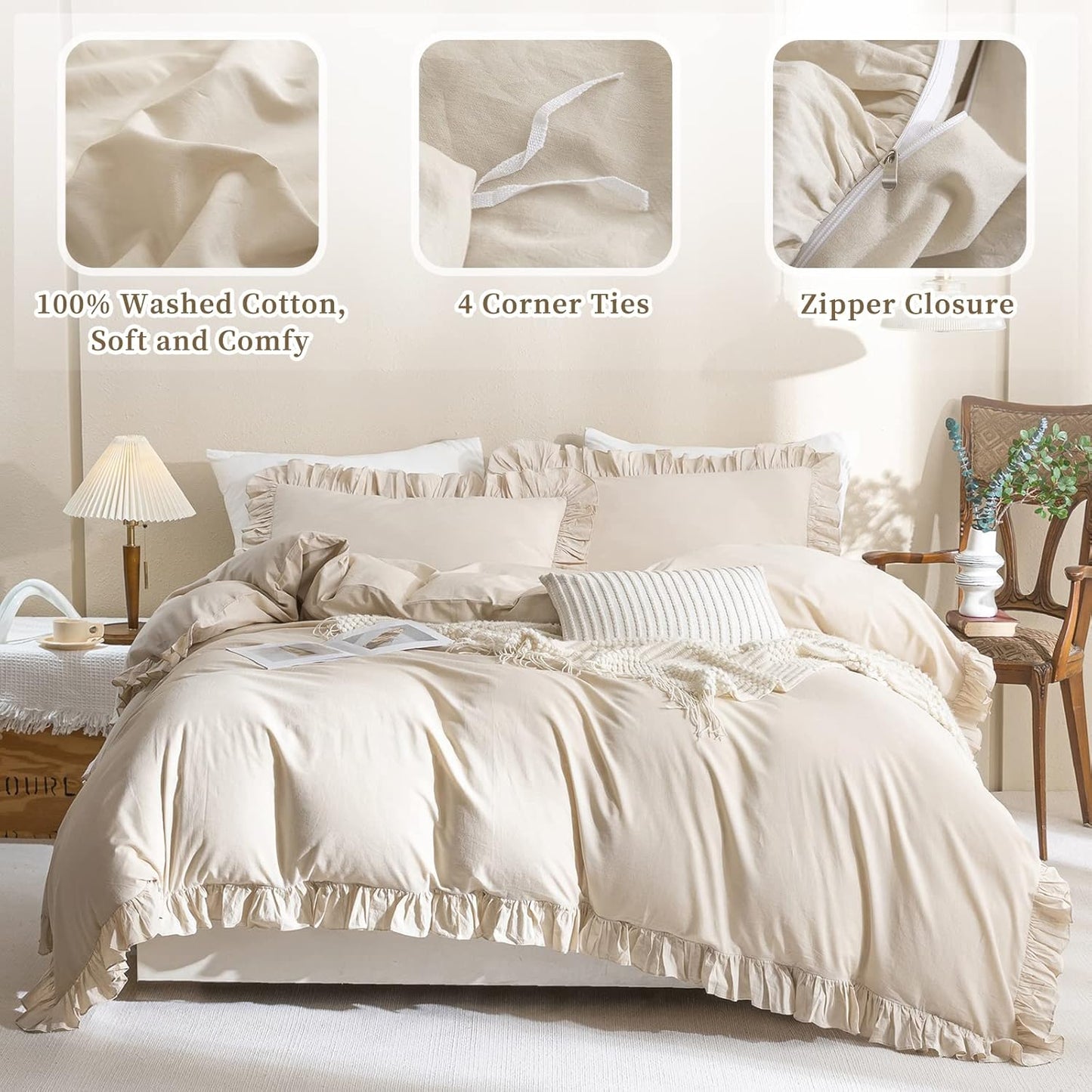 QSH Washed Cotton Queen Duvet Cover Set Ruffle Duvet Cover Linen Textured Farmhouse Shabby Vintage Chic Bedding Comforter Cover 3 Pieces Aesthetic French Country Queen Bed Set
