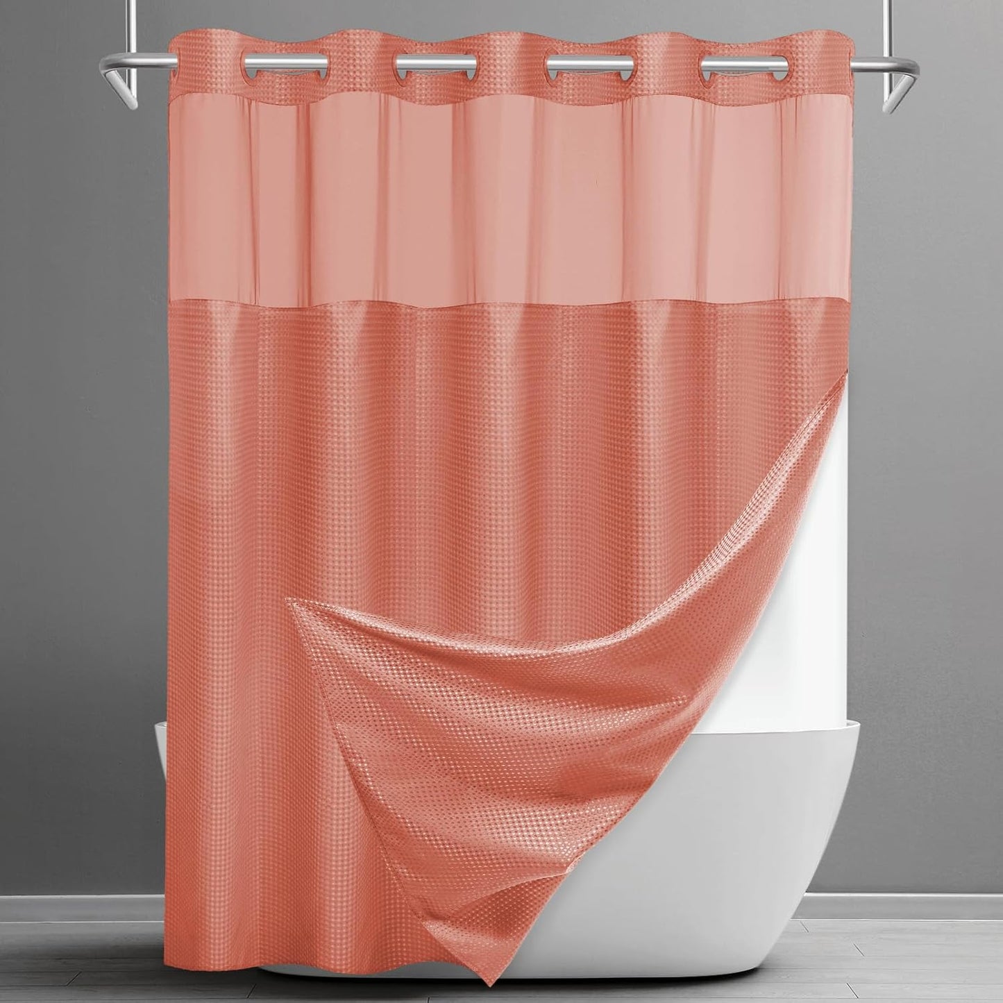 No Hook Shower Curtain with Snap in Liner Set Waffle Shower Curtain for Bathroom Hotel Style Fabric Waterproof Inner Liner，71" W x 74" H, Coral