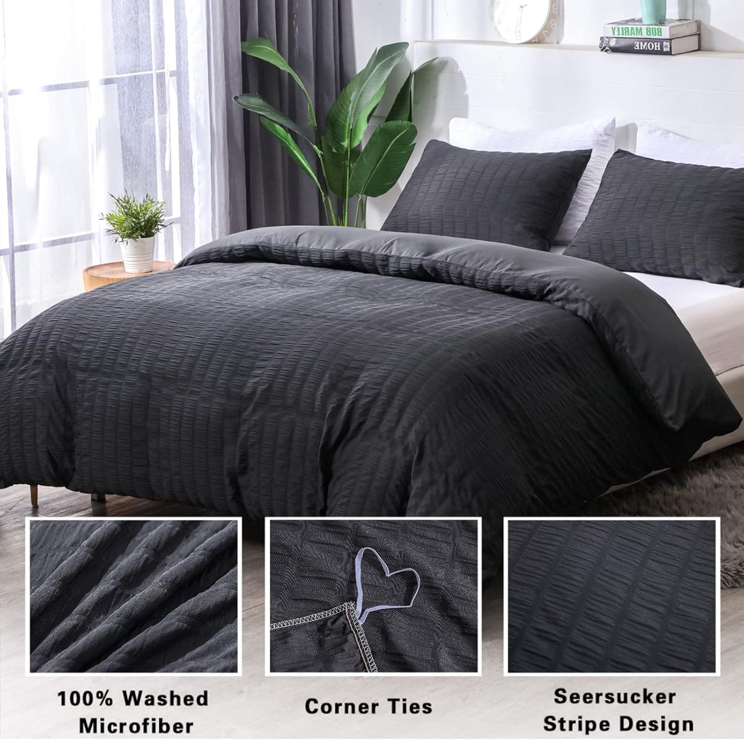 AveLom Seersucker Duvet Cover Set Queen Size (90 x 90 inches), 3 Pieces (1 Duvet Cover + 2 Pillow Cases), Black Ultra Soft Washed Microfiber, Textured Duvet Cover with Zipper Closure, Corner Ties