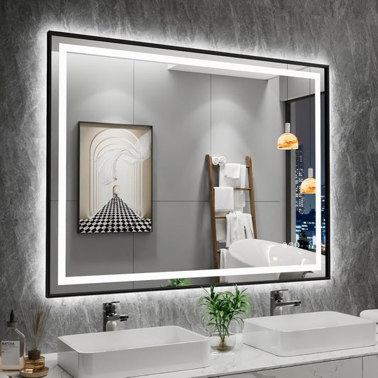 Amorho 40" X30" LED Bathroom Mirror with Black Frame, Front Light and Backlit, Stepless Dimmable, Anti-Fog, Shatter-Proof, Memory, 3 Colors, Double LED Vanity Mirror