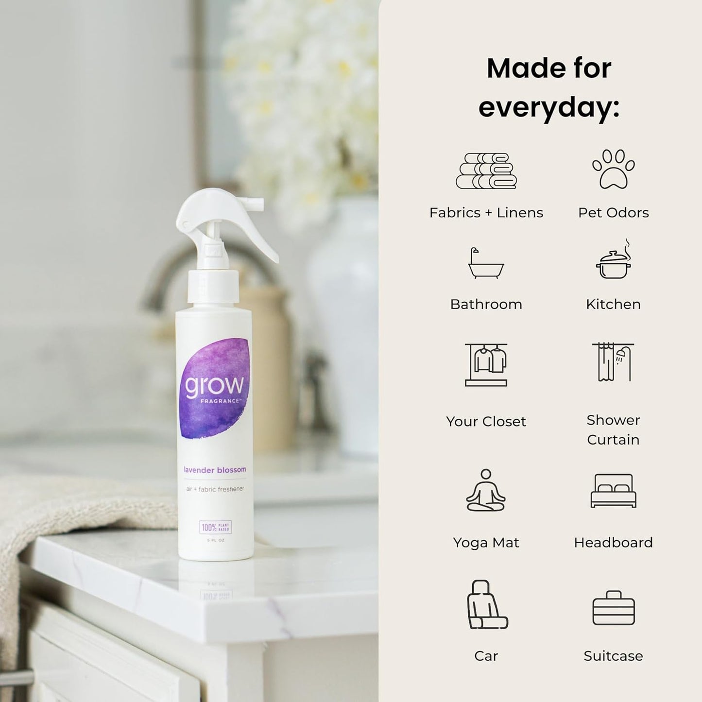 Grow Fragrance Scented Fabric and Room Air Freshener Spray - Certified Non-Toxic, 100% Plant-Based Essential Oils - 5 oz (Lavender Blossom + Black Currant Rose 2-Count)