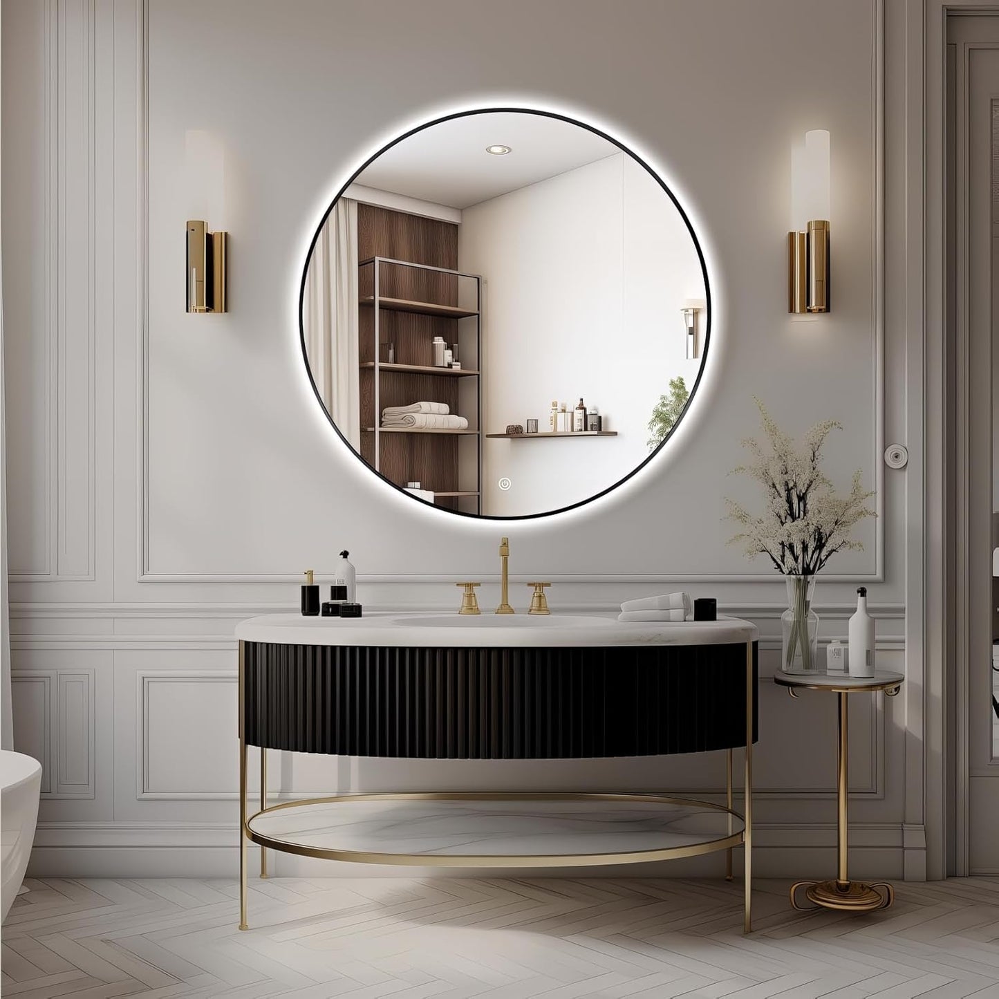 Niccy 44" LED Backlit Round Mirror for Bathroom, Black Framed Vanity Light Wall Mirror LED Smart Circle Mirrors with 3 Lighting Colors, Dimmable Lighted Mirror with Anti-Fog, IP65 Waterproof