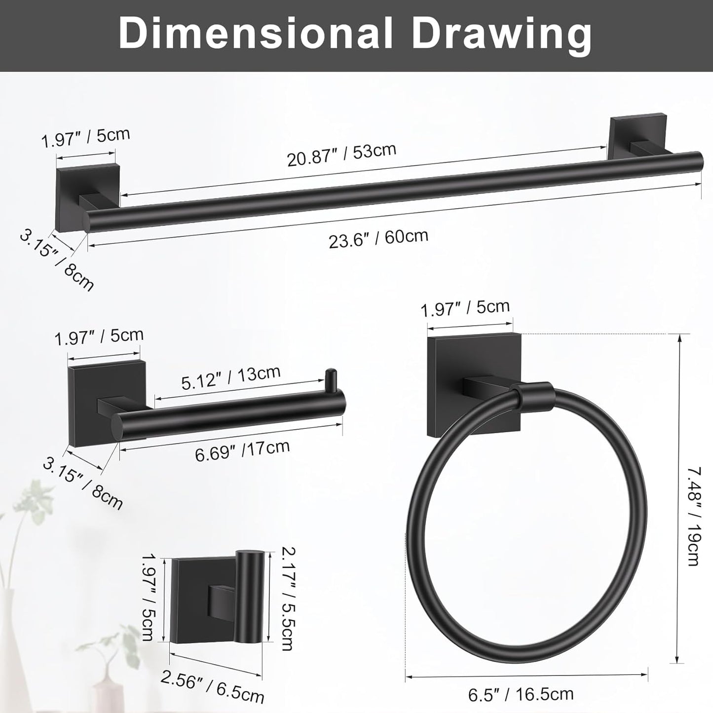 Matte Black Towel Bar Bathroom Hardware Accessories Set, 5 Pieces Toilet Paper Holder Towel Holder Set, 23.6 Inch Stainless Steel Towel Racks for Bathroom Wall Mounted