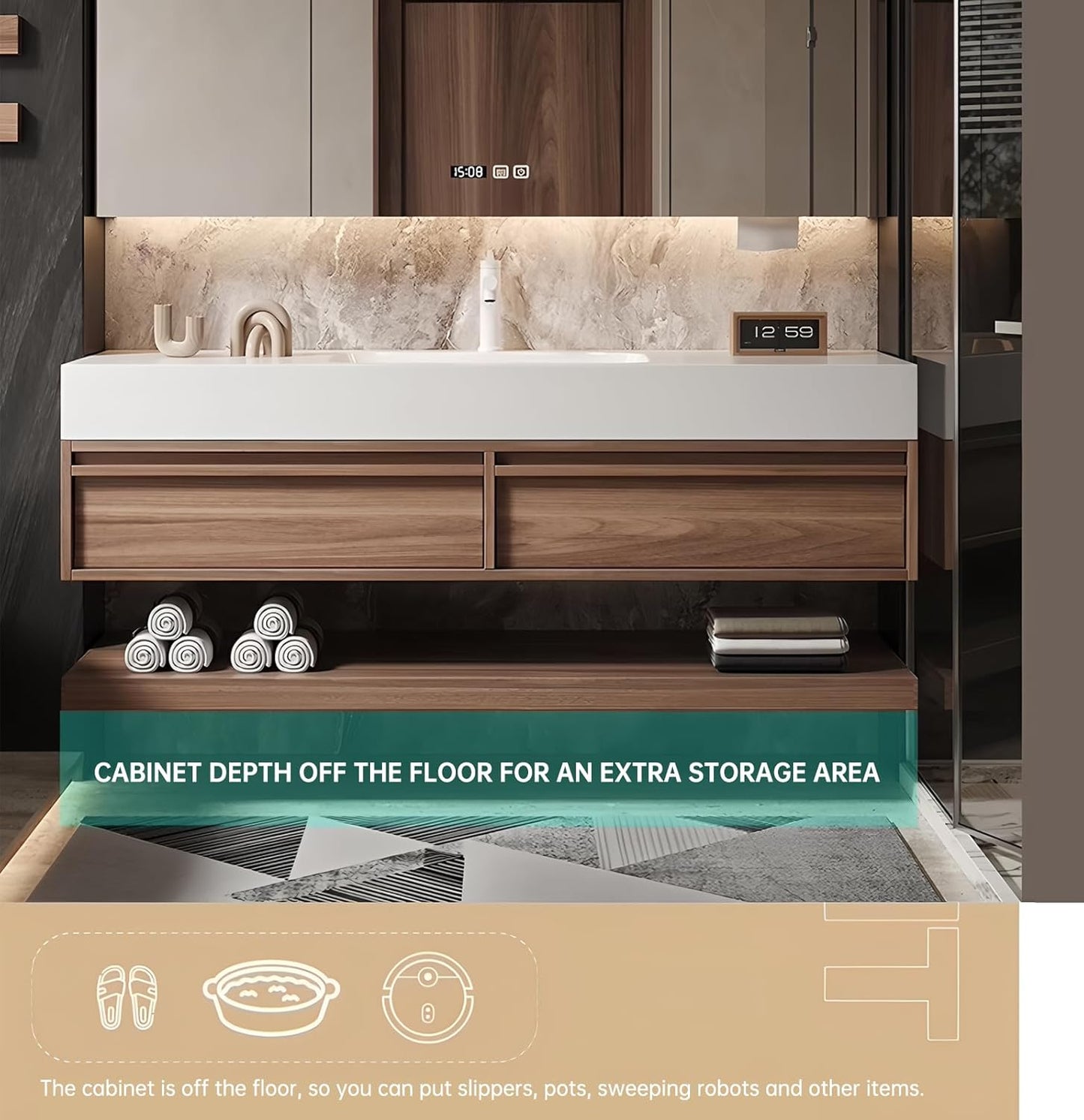 52" Bathroom Vanity, Floating Bathroom Vanity with Sink, Solid Wood Vanities with Smart Defogging Mirror Cabinet, Slate Countertop and Faucet, Wall Mount Bath Furniture Cabinet with Drawers (Walnut)