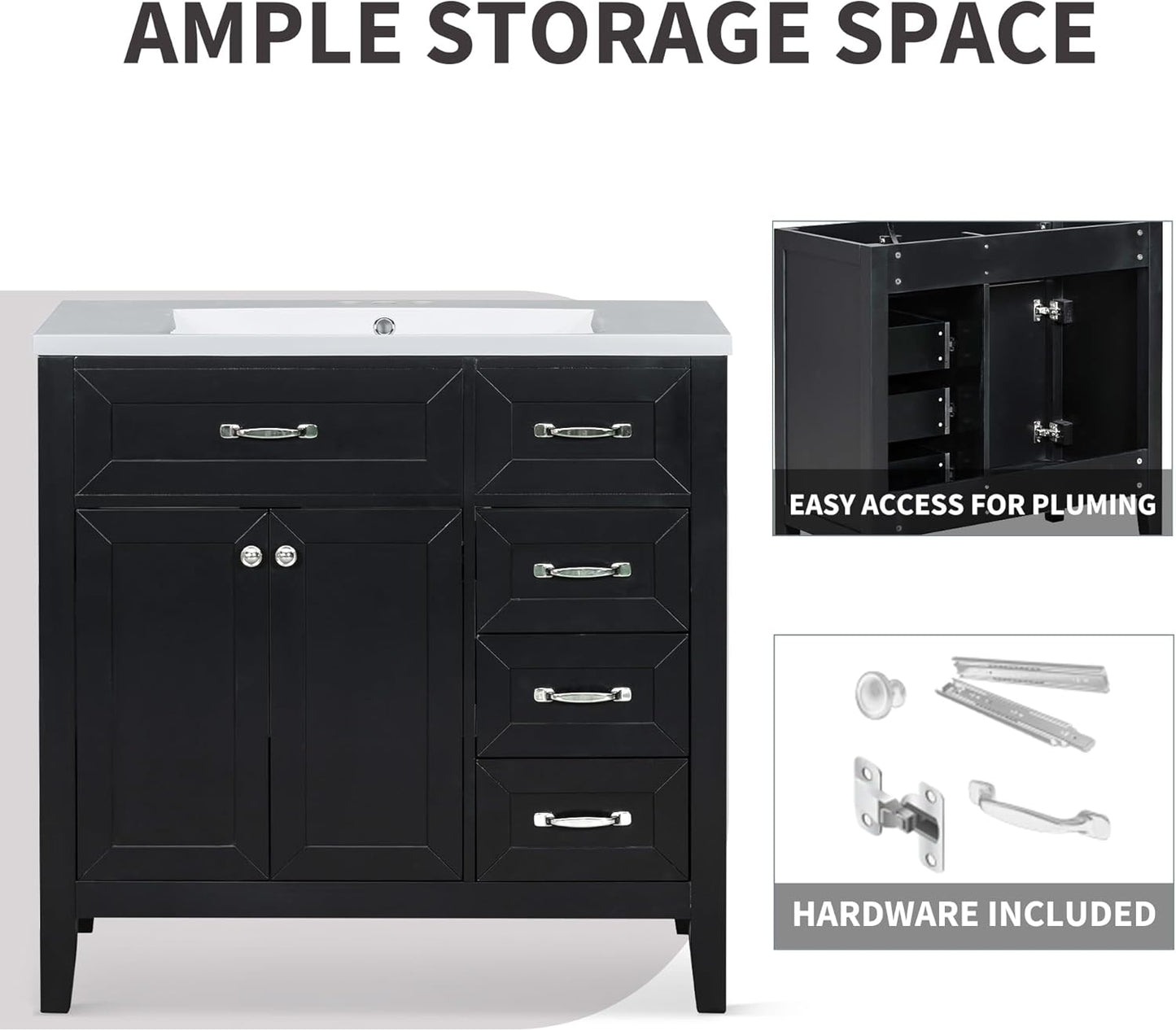 Favfurish 36" Bathroom Vanity with Sink Combo,Bathroom Vanity Cabinet with Two Soft-Closing Doors and Four Drawers,Free Stading Vanities w/Modern Design,for Bathroom,Easy Assembly,Black