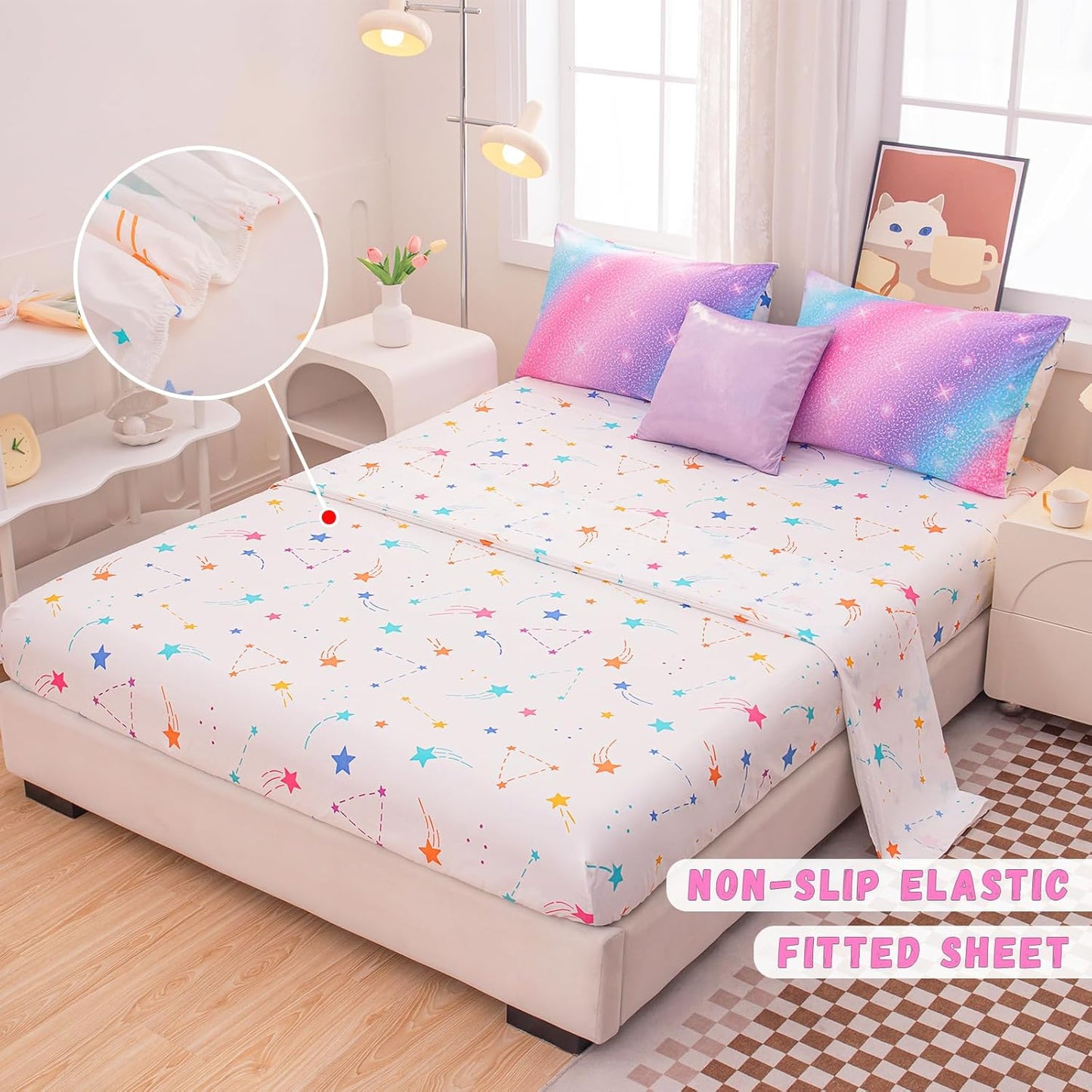 Rainbow Bedding Set Twin Size – 6-Piece Reversible Girls Comforter with Deep-Pocket Sheet, Gradient Galaxy Design, Whole-Piece Filling, Machine Washable Bed-in-a-Bag for Kids Room Makeover & Gifts