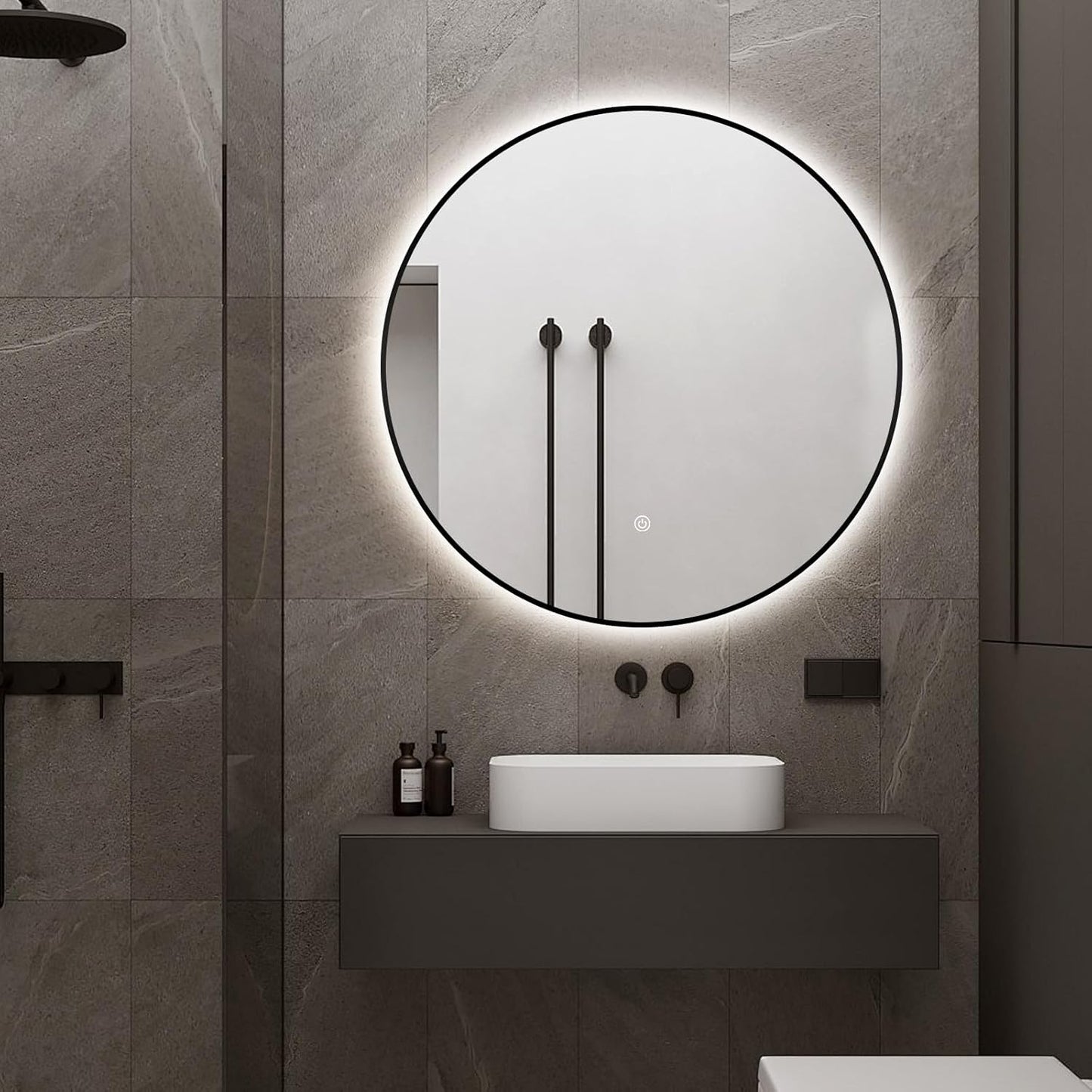 Niccy 28" LED Backlit Round Mirror for Bathroom, Black Framed Vanity Light Wall Mirror LED Smart Circle Mirrors with 3 Lighting Colors, Dimmable Lighted Mirror with Anti-Fog, IP65 Waterproof