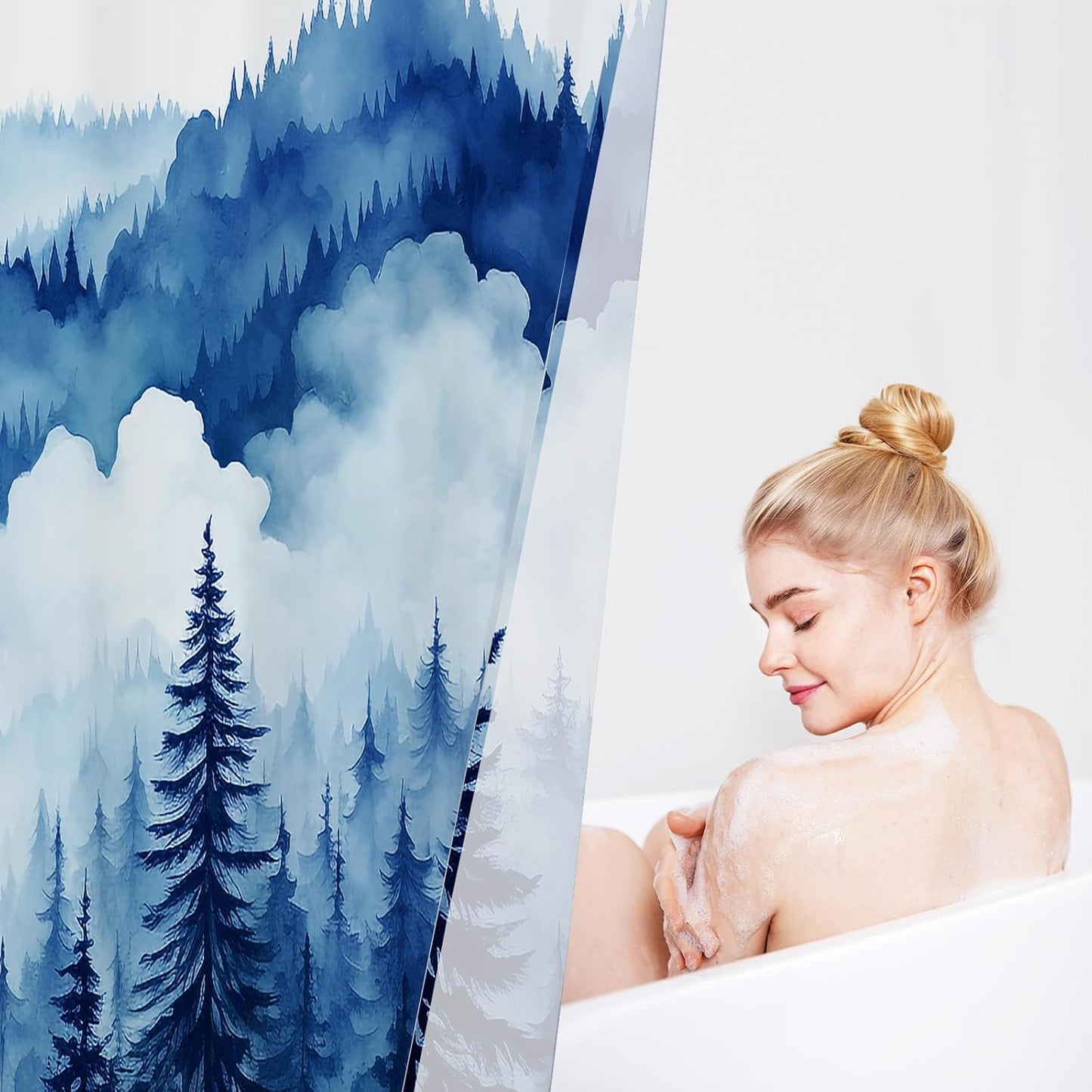 Navy Blue Small Stall Misty Pine Forest Shower Curtain 36 x 72, Mountain Foggy Woodland Scenery Tree Narrow Half Size Shower Curtains for Bathroom, Abstract Waterproof Nature-Themed Decor