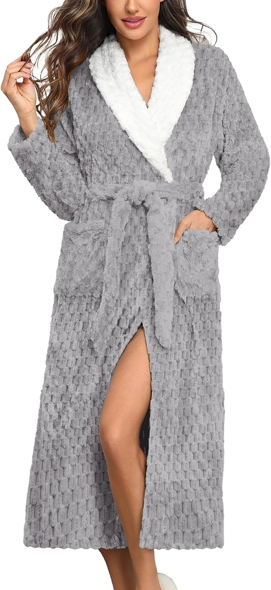 Ekouaer Women's Robe Long Plush Soft Bathrobe Jacquard Color Block Robes Shawl Collar Sleepwear with Pockets S-XXL