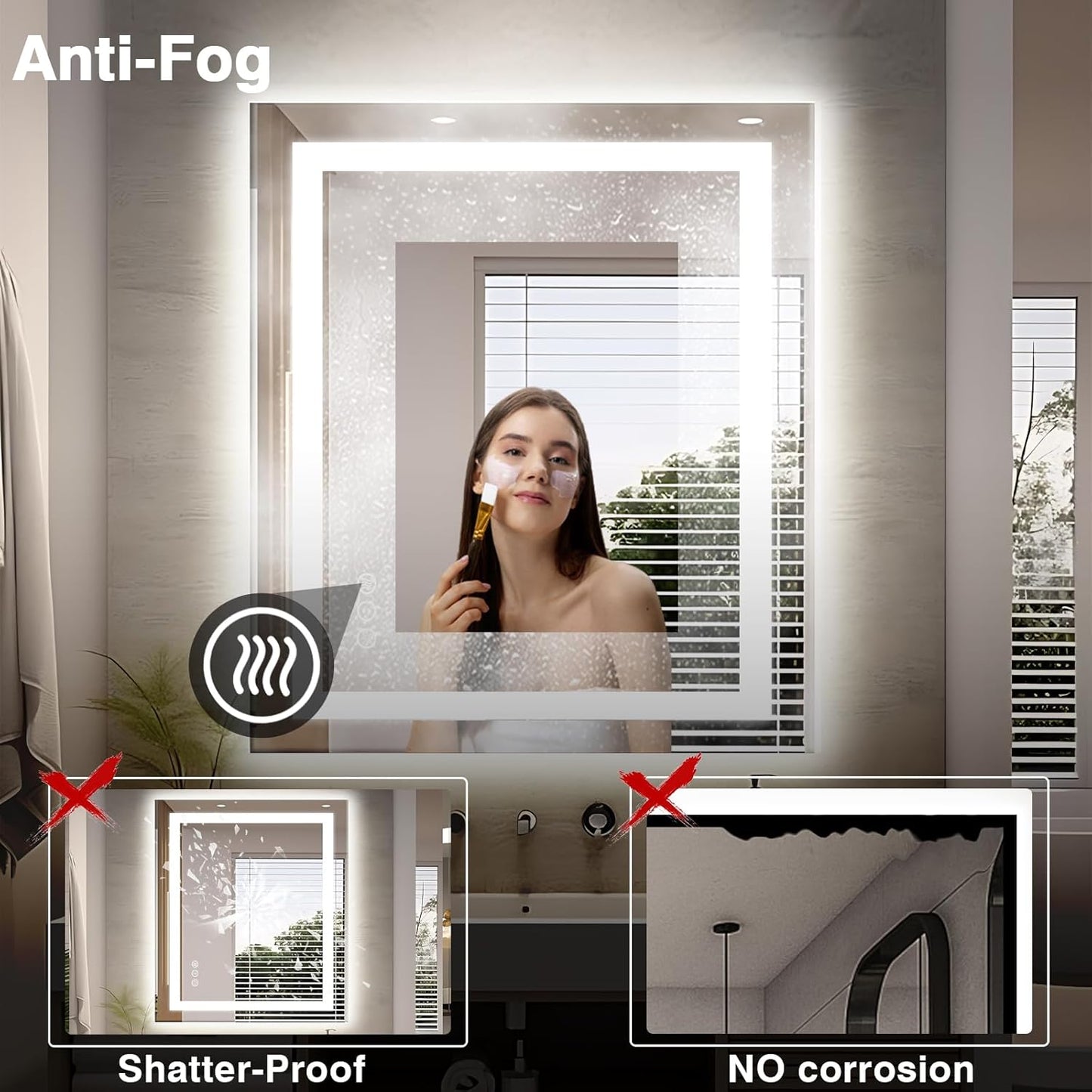 32"x36" LED Bathroom Mirror, Front and Backlit Mirror, Anti-Fog Vanity Mirror with Lights, Stepless Dimmable Illuminated, 3 Colors Smart Mirror (Horizontal/Vertical)