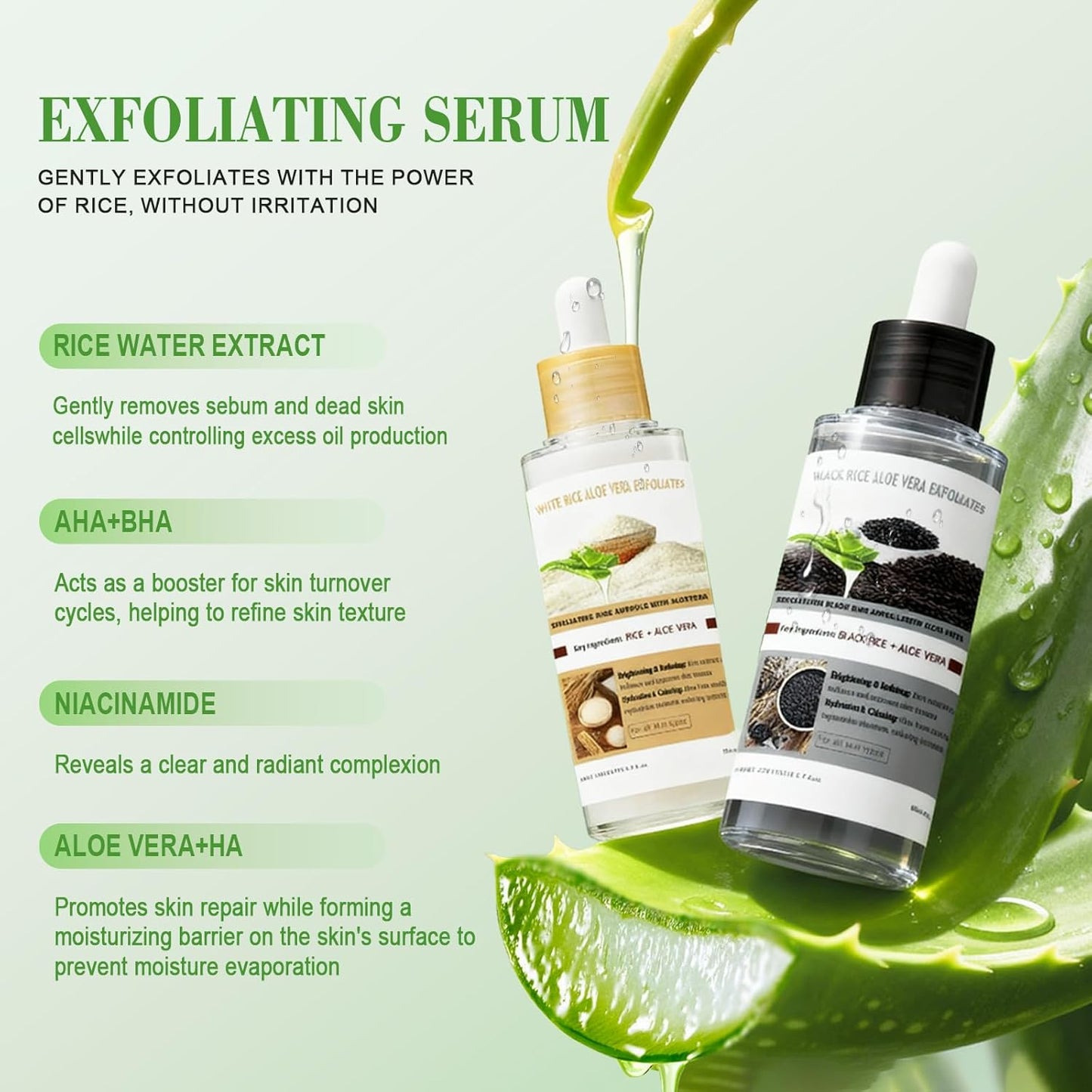 Aloe Vera Glow Black and White Rice Ampoule Duo, White & Black Rice Exfoliant Face and Body Scrub with Aloe Vera & Rice Extract，Moderate Exfoliating Facial Gel for All Skin Types