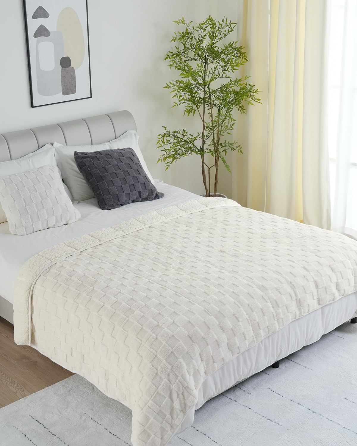 Uttermara Sherpa Fleece Weighted Blanket Queen Size(20lbs, 60" x 80", Cream White), 3D Jacquard Checkered Warm Sherpa Heavy Blanket for Adults, Soft Fuzzy Weighted Blankets for Couch Bed Sofa