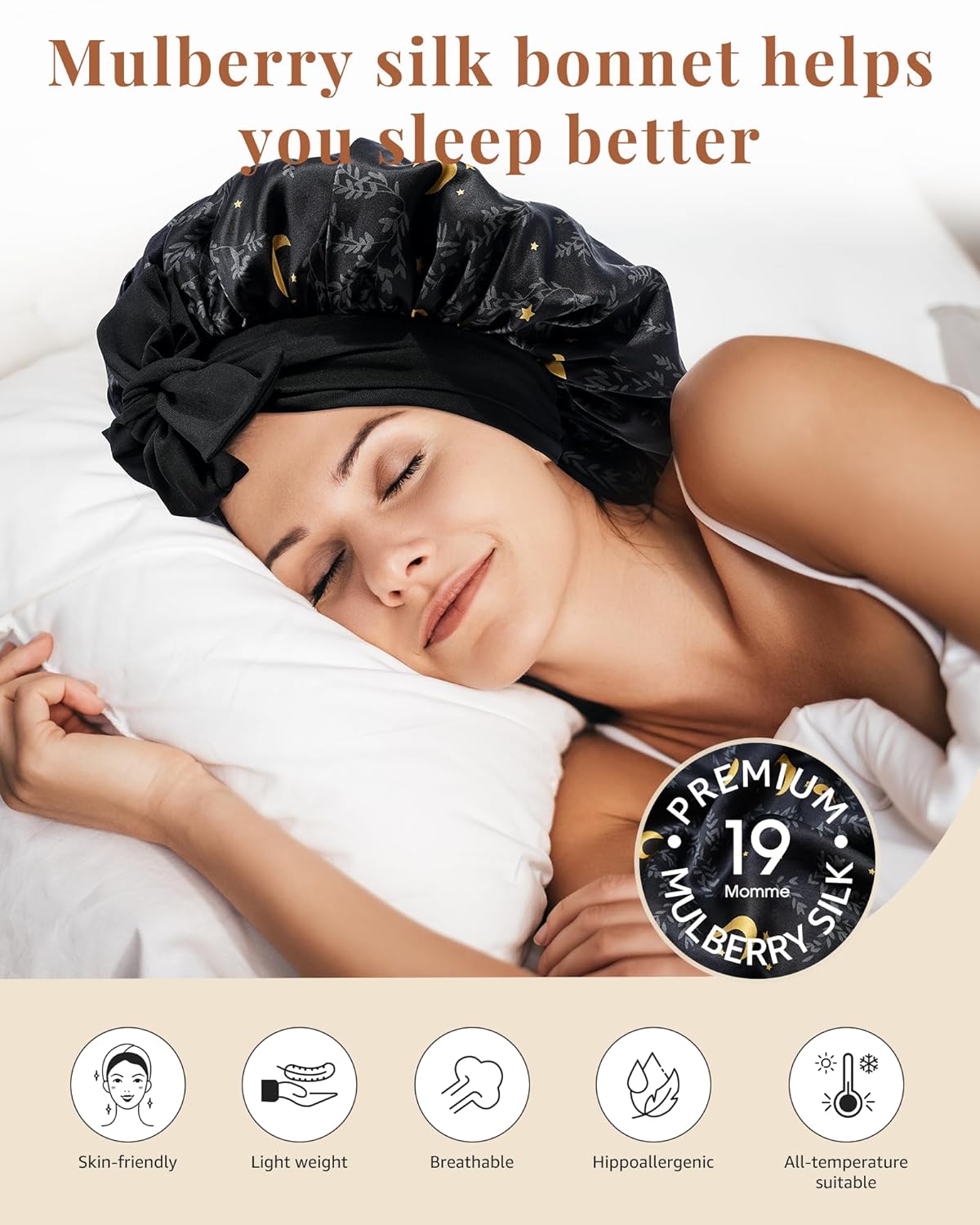 AWAYTR Silk Bonnet for Sleeping Women 100% Mulberry Silk Bonnet with Band 2 Layer Reversible Hair Bonnet Sleeping Hair Wrap (Stars/Black)