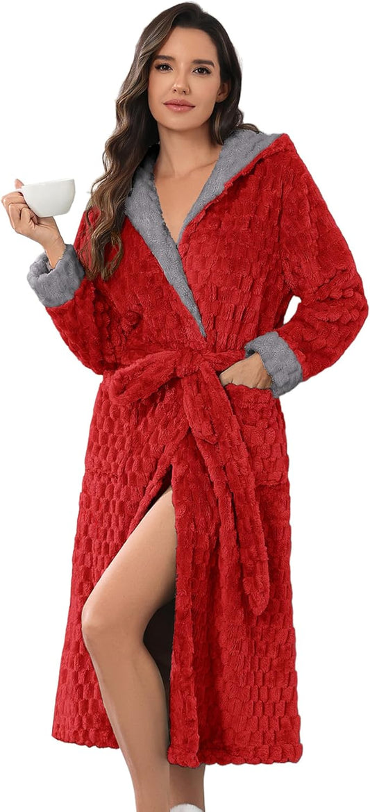 Ekouaer Womens Plush Robes Long Soft Jacquard Fluffy Bathrobe Hooded Robe Sleepwear with Pockets