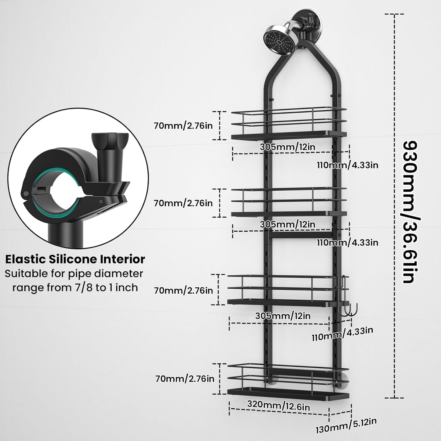 Shower Caddy Hanging (Black), Adjustable Anti-Swing-Over The Shower Head Caddy, 4 Tier Height Bathroom Storage Organizer Bathroom Shelves Basket Rack Shower Caddies (4Tier)