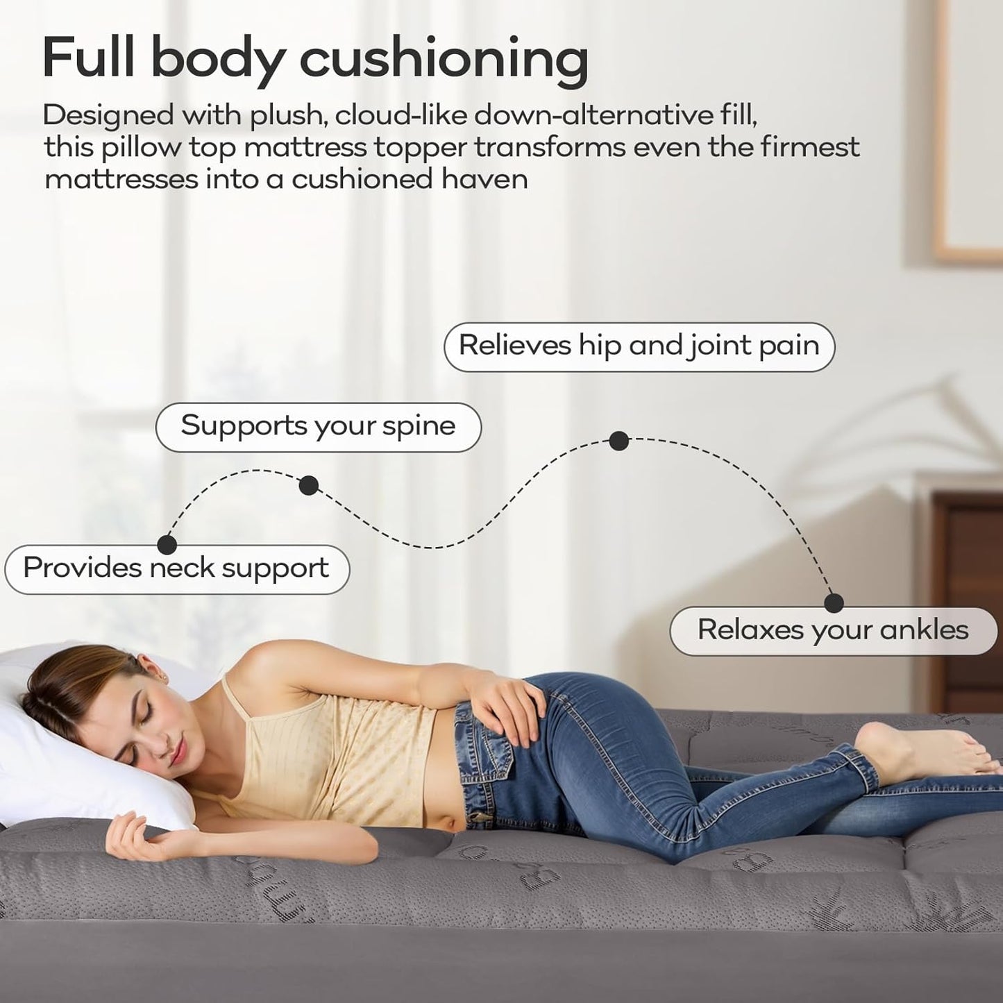 OLANLY Full Mattress Topper – Viscose Made from Bamboo, Cooling Soft Full Pillow Top Mattress Pad for Back Pain Relief, Plush Down Alternative Fill Bed Topper with Elastic Deep Pocket, Light Gray