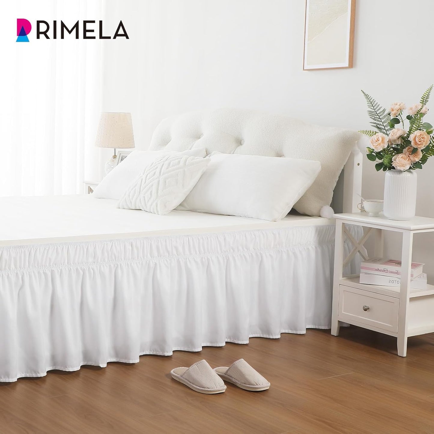 RIMELA White Bed Skirt Full Size 18 Inch Drop, Elastic Bed Skirting for Bed Base and Frame, Bedding Dust Ruffle Easy to Install, Lightweight Wrap Around Adjustable Bedskirt