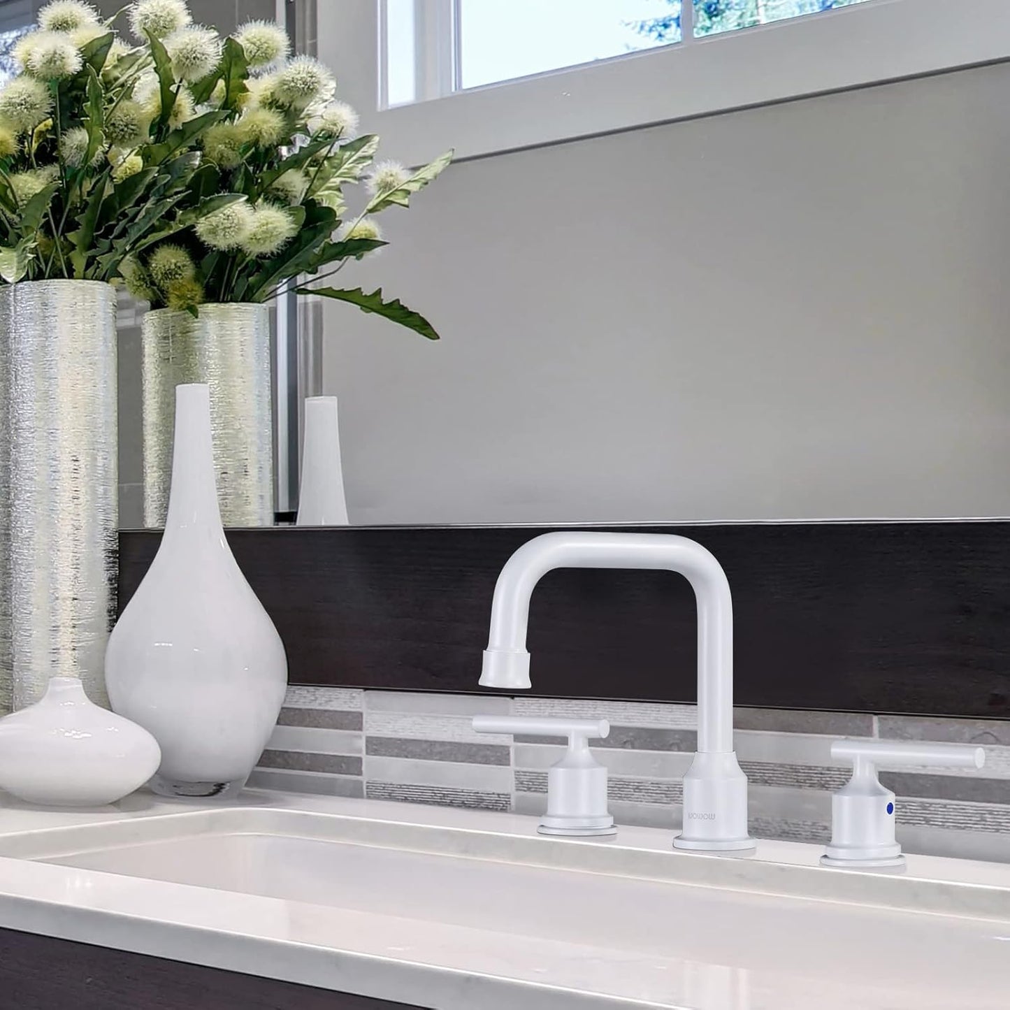 WOWOW 3 Hole Bathroom Faucet White Bathroom Sink Faucet 2 Handle Vanity Tap Lavatory Elegant Basin Mixer Tap with Drain