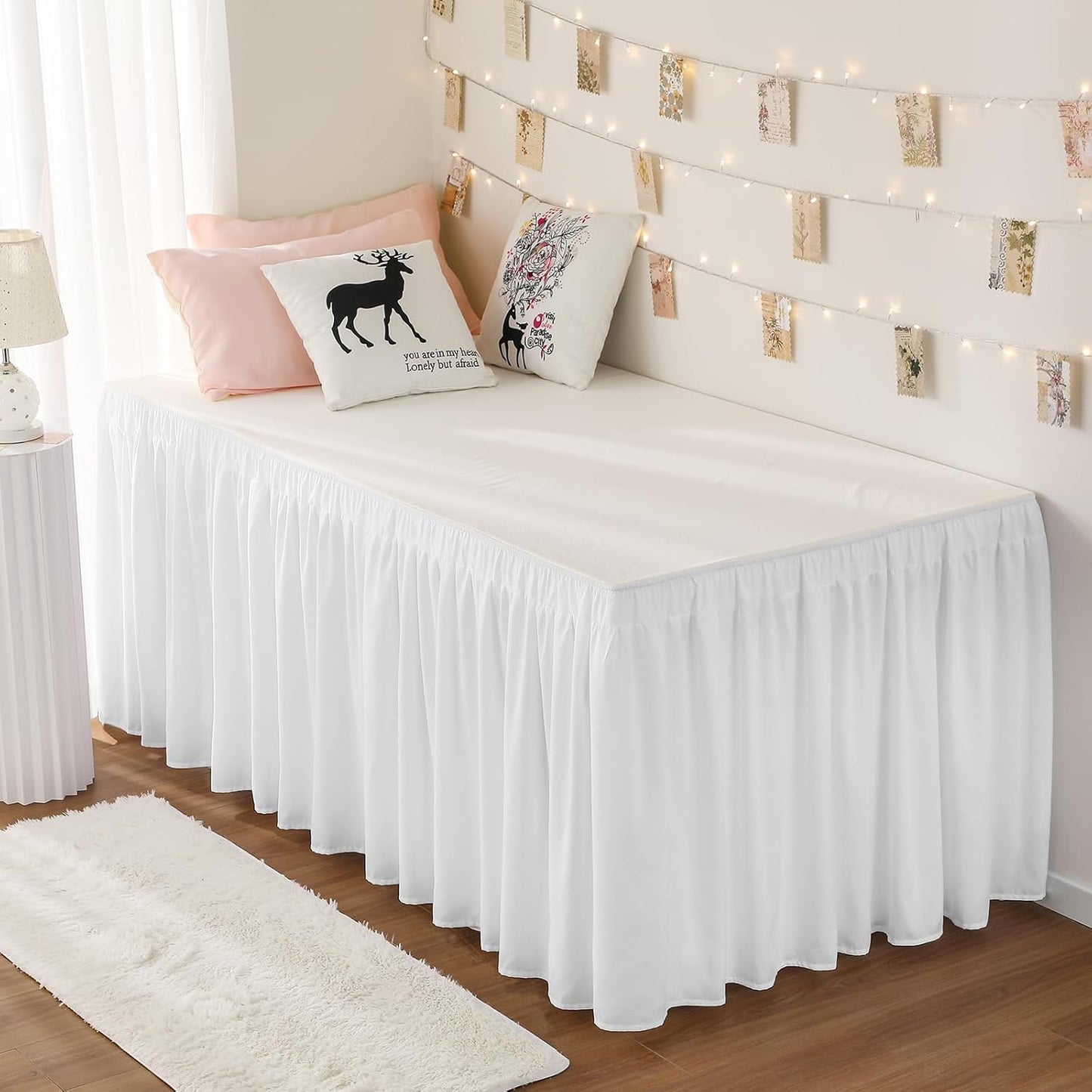 RIMELA Dorm Bed Skirt Twin XL 42 Inch Drop, Easy to Install Extra Long Wrap Around Elastic Dust Ruffle, White Bedskirt Solid Silky Fabric Machine Washable (Twin XL 80“L x 39”W & Twin 75“L x 39”W)