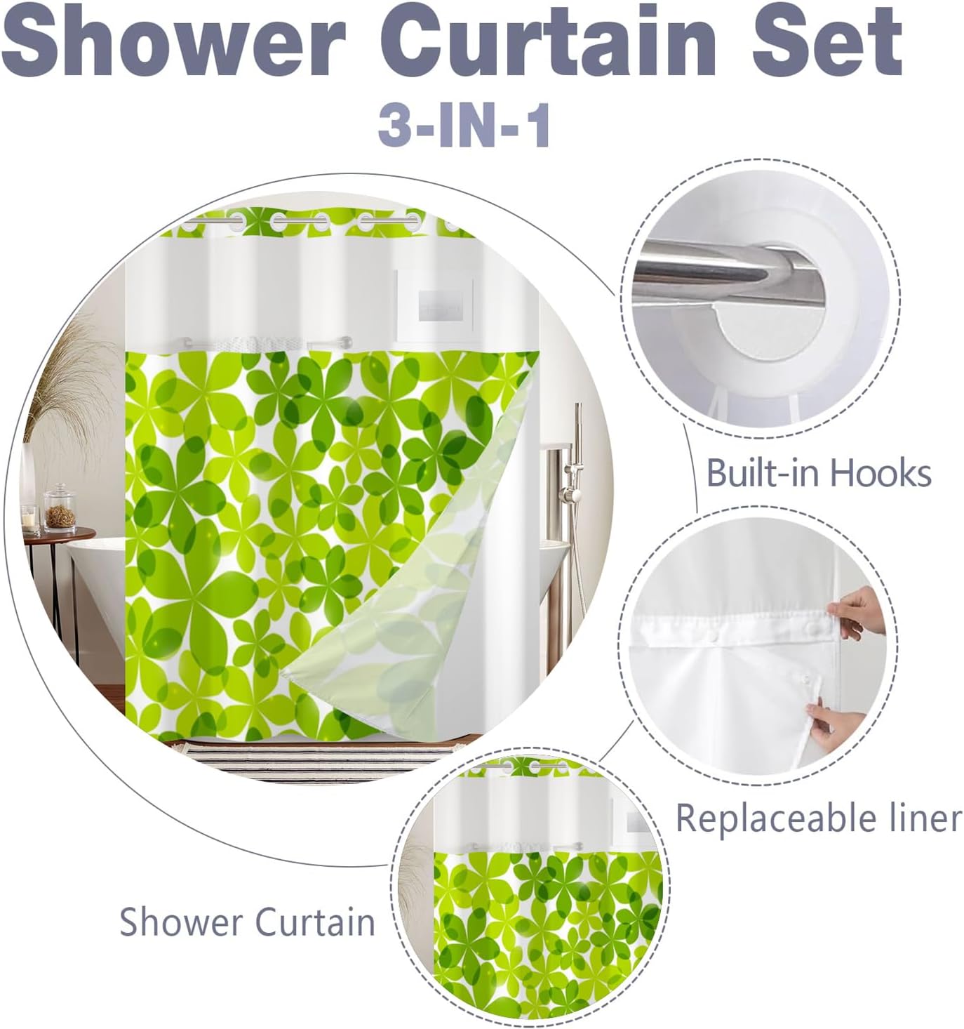 Green Flower Shower Curtain No Hooks with Snap-in Fabric Liner Set,Spring Leaves Shower Curtain for Bathroom,Hotel Decor Waterproof Shower Curtains,with See Through Top Window,71W x 74H