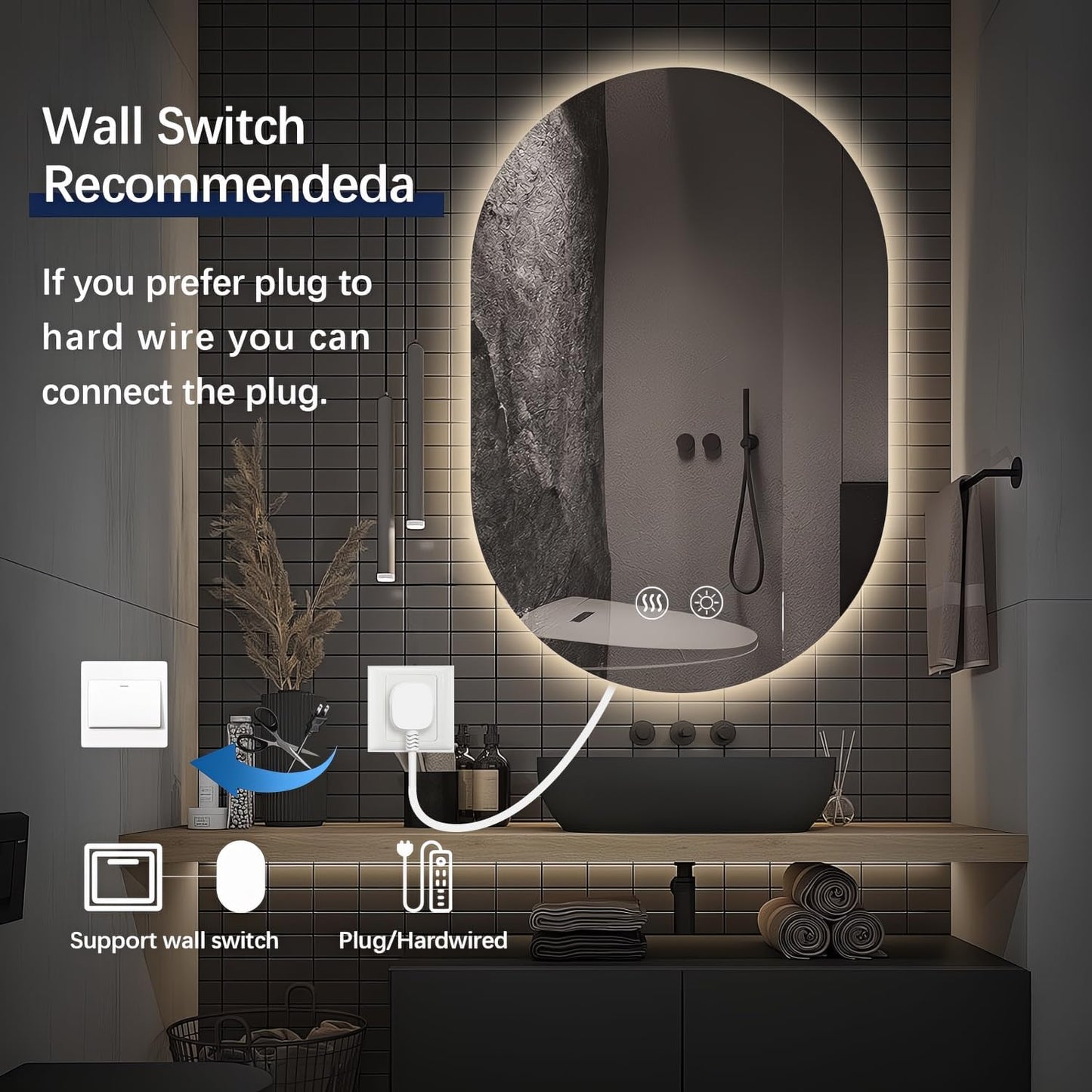 Niccy Oval LED Bathroom Vanity Mirror, 40x24inch Frameless Backlit Mirror with Light, Smart Anti-Fog Mirror with Memory Function Dimmable Lighted Mirror