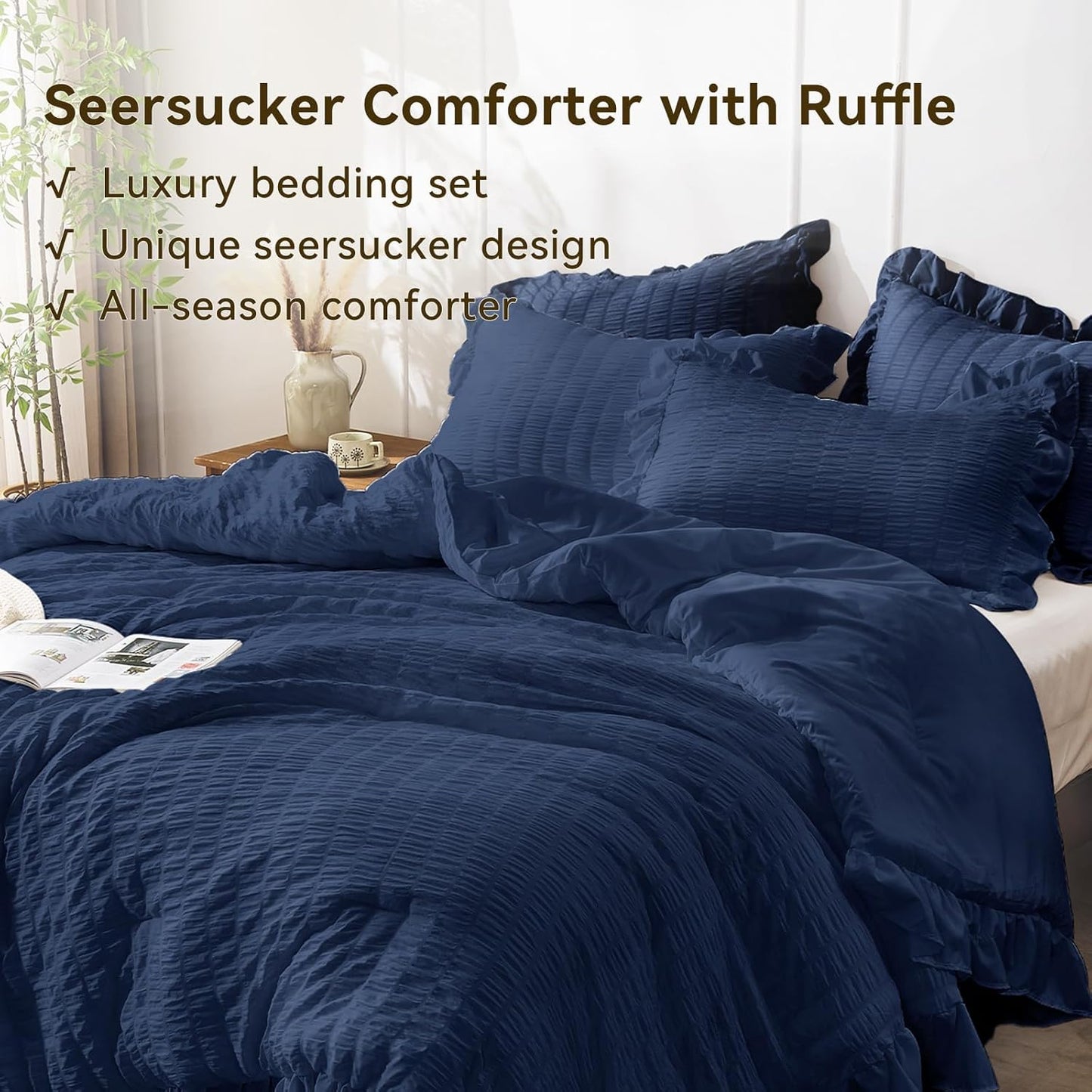 JOLLYVOGUE Navy Blue Queen Comforter Set, 3 Pieces Seersucker Comforters Queen Size, Lightweight & Fluffy Bedding Sets Queen for All Season with 1 Ruffle Comforter and 2 Ruffle Pillowshams