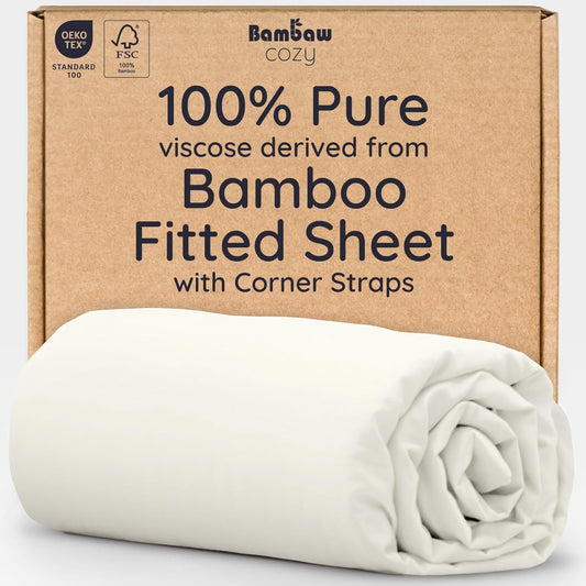 Bambaw 100% Viscose Derived from Bamboo Full Fitted Sheet Size, 15’’ Deep Pocket Full Fitted Sheets Only, Cooling Fitted Sheet with Corner Straps, Breathable Full Size Bed Fitted Sheet Only (Ivory)
