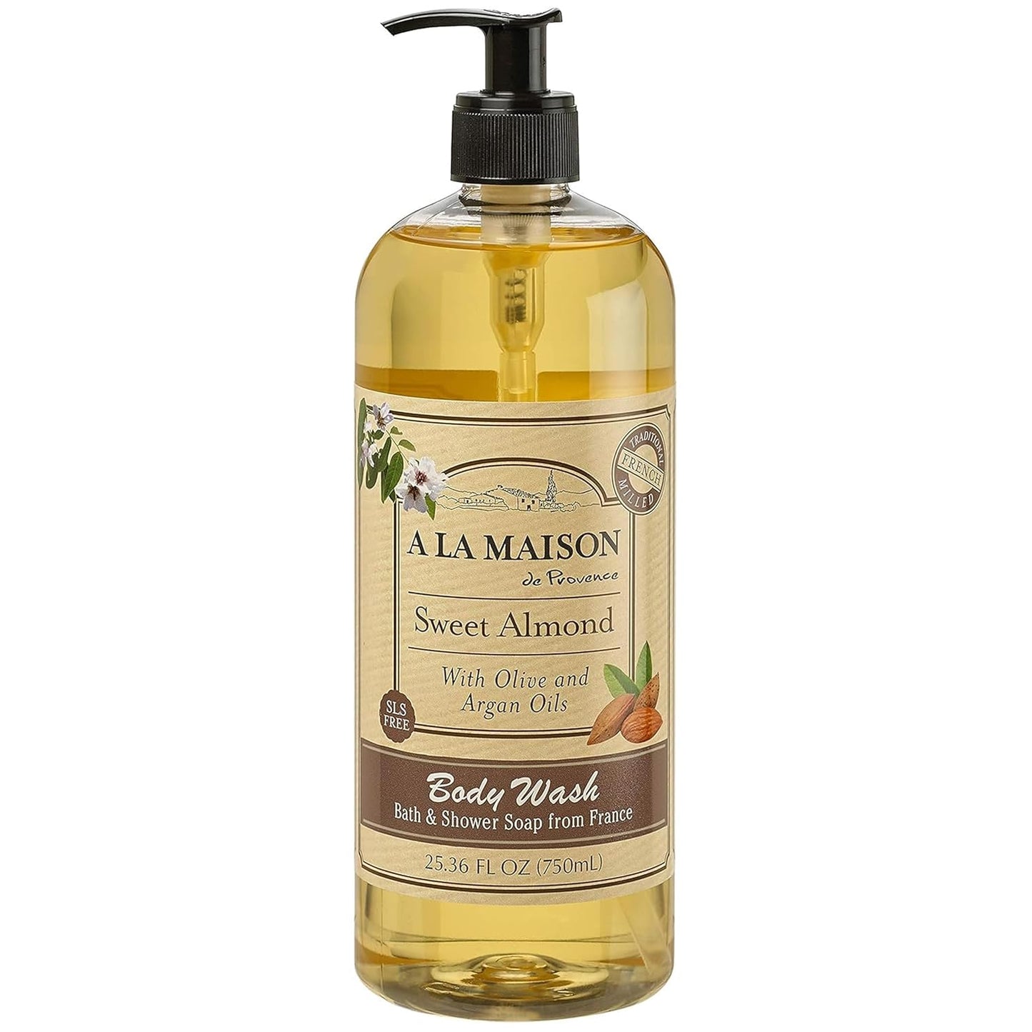 A LA MAISON French Hydrating Liquid Body Wash, Sweet Almond - Natural Body Wash Made with Essential Oils - Biodegradable, Plant-Based, Vegan, Cruelty-Free, Alcohol & Paraben Free (25.36 oz, 1 Pack)