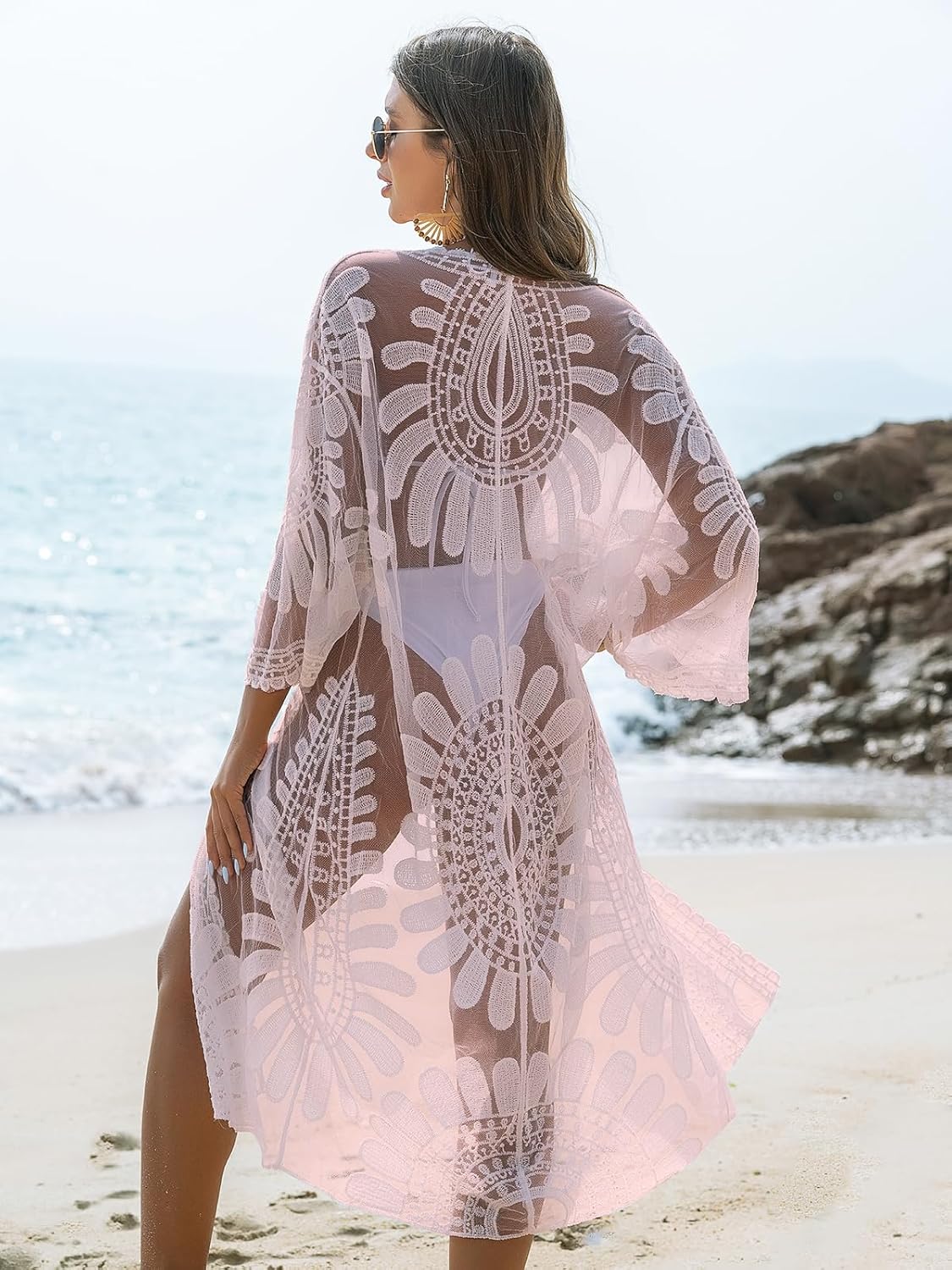 Blooming Jelly Womens Bathing Suit Cover Up 3/4 Sleeve Mesh Swimsuit Coverup Long Floral Beach Lace Kimono Summer Cardigan
