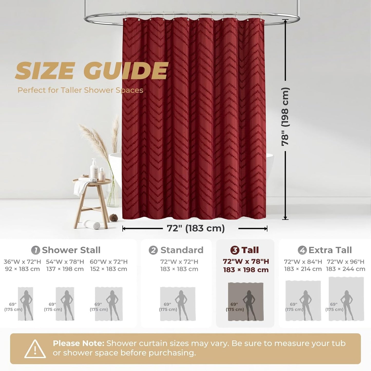78inches Long Burgundy Shower Curtain Boho Farmhouse Shower Curtain 72 x 78 Tufted Chevron Textured Minimalist Shower Curtains for Bathroom