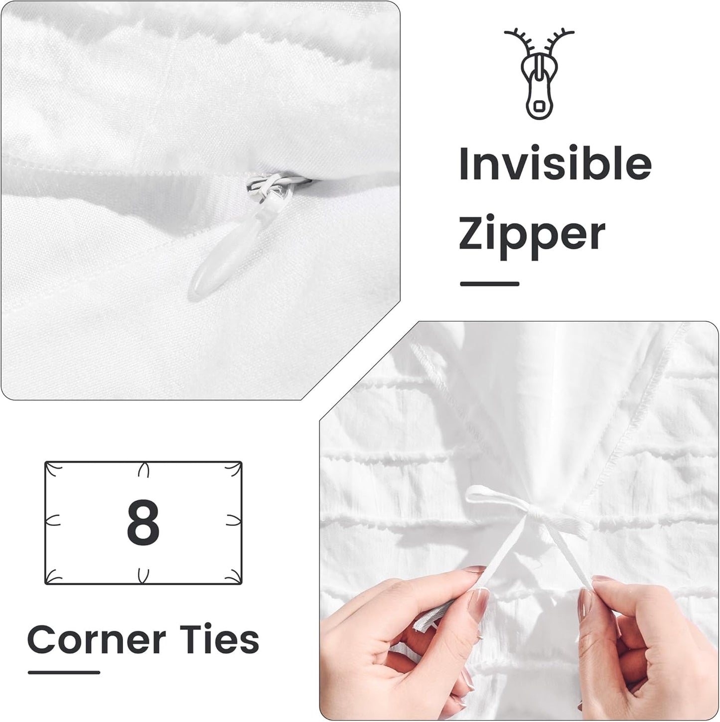 NEXHOME PRO Duvet Cover Queen Size, White 3 Pieces Boho Tufted Duvet Cover Set, Soft and Lightweight Microfiber Comforter Cover Set for All Season (White Queen, 90 x 90)-No Comforter