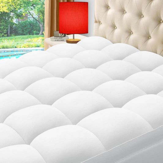 ELEMUSE Twin Cooling Bamboo Viscose Mattress Topper for Back Pain, Extra Thick Mattress Pad Cover, Plush Soft Pillowtop with Elastic Deep Pocket, Overfilled Down Alternative Filling