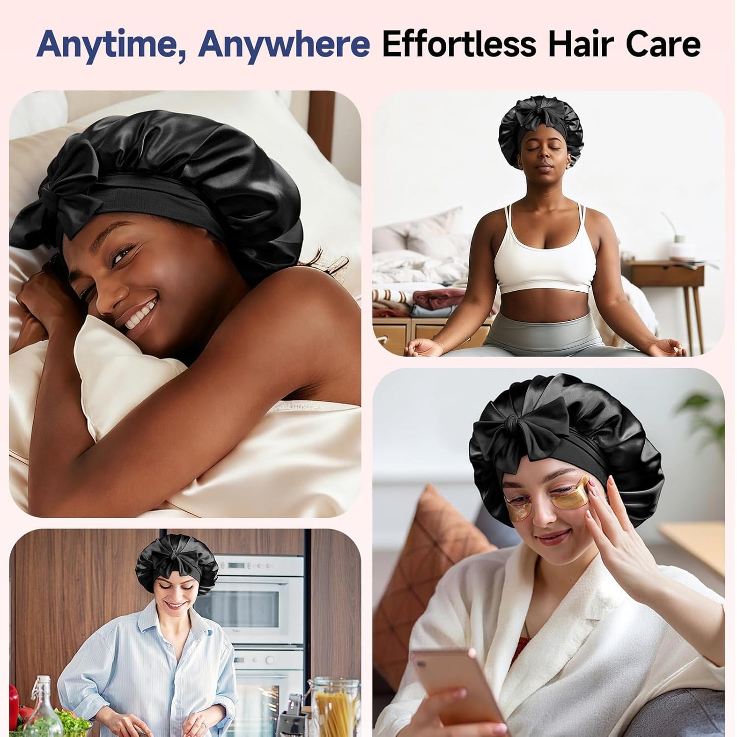 Umisleep Silk Bonnet, Soft Hair Bonnet for Sleeping, Real Mulberry Silk Lining, Bonnets for Women Hair Care, Double Layer Hair Cap with Tie, Large Silk Hair Wrap for Curly Long Hair, Black
