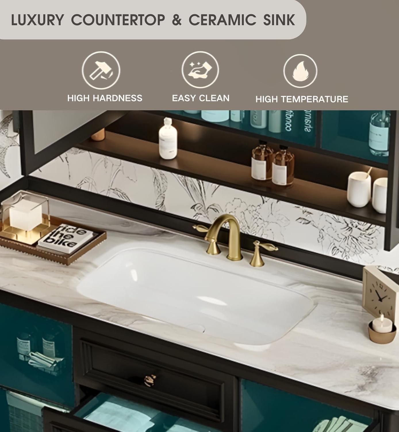 Freestanding Bathroom Vanity with Sink, Solid Wood Bathroom Vanity Set, Vintage Bathroom Vanities with Large Capacity Storage Cabinet and Open Shelf, Elegant Vanities (White,44")