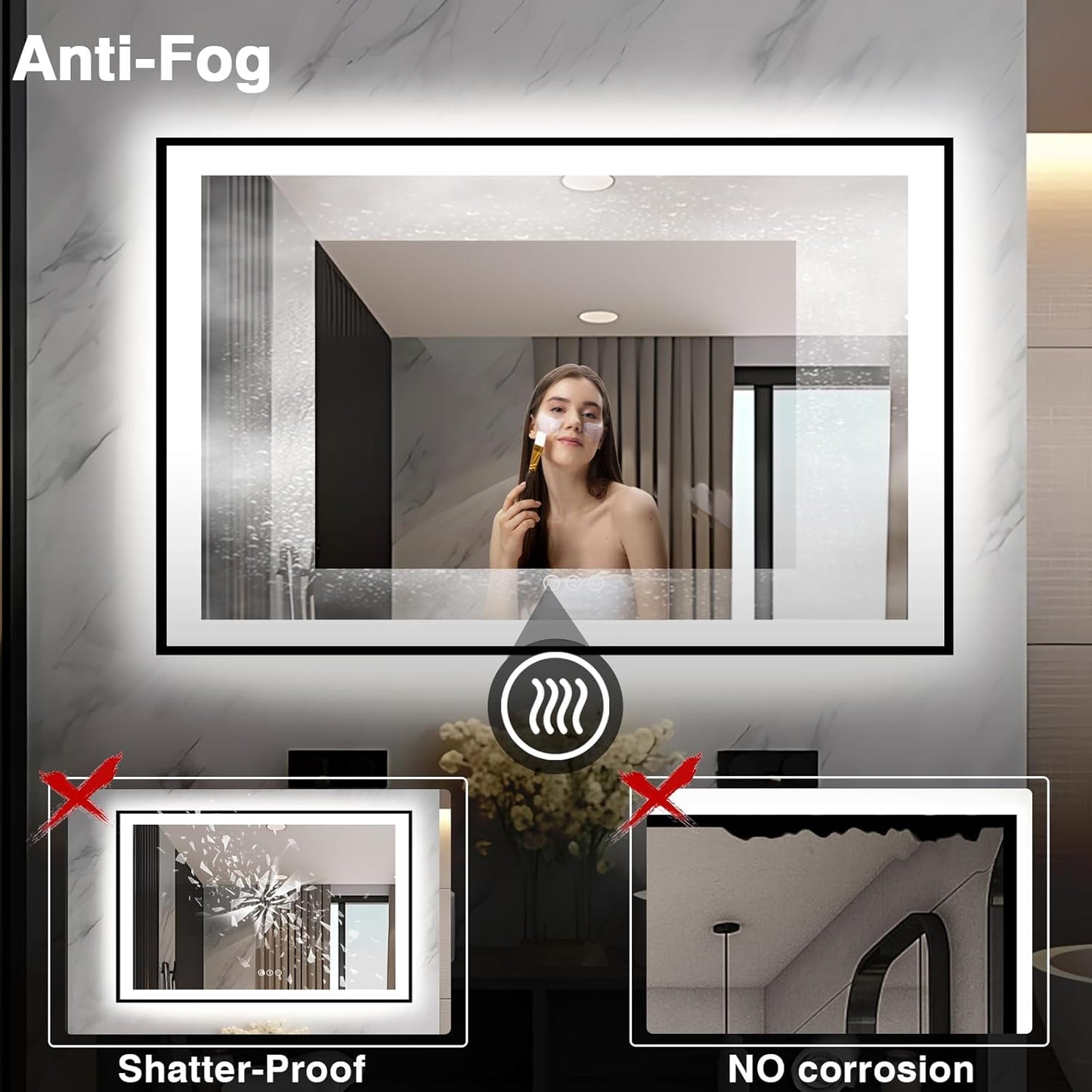 51x32 LED Lit Bathroom Mirror - Black Framed, Front and Backlit LED Lighted, Anti-Fog Bathroom Mirror with Lights, 3 Colors Stepless Dimmable Mirror, Touch Sense (Horizontal/Vertical)