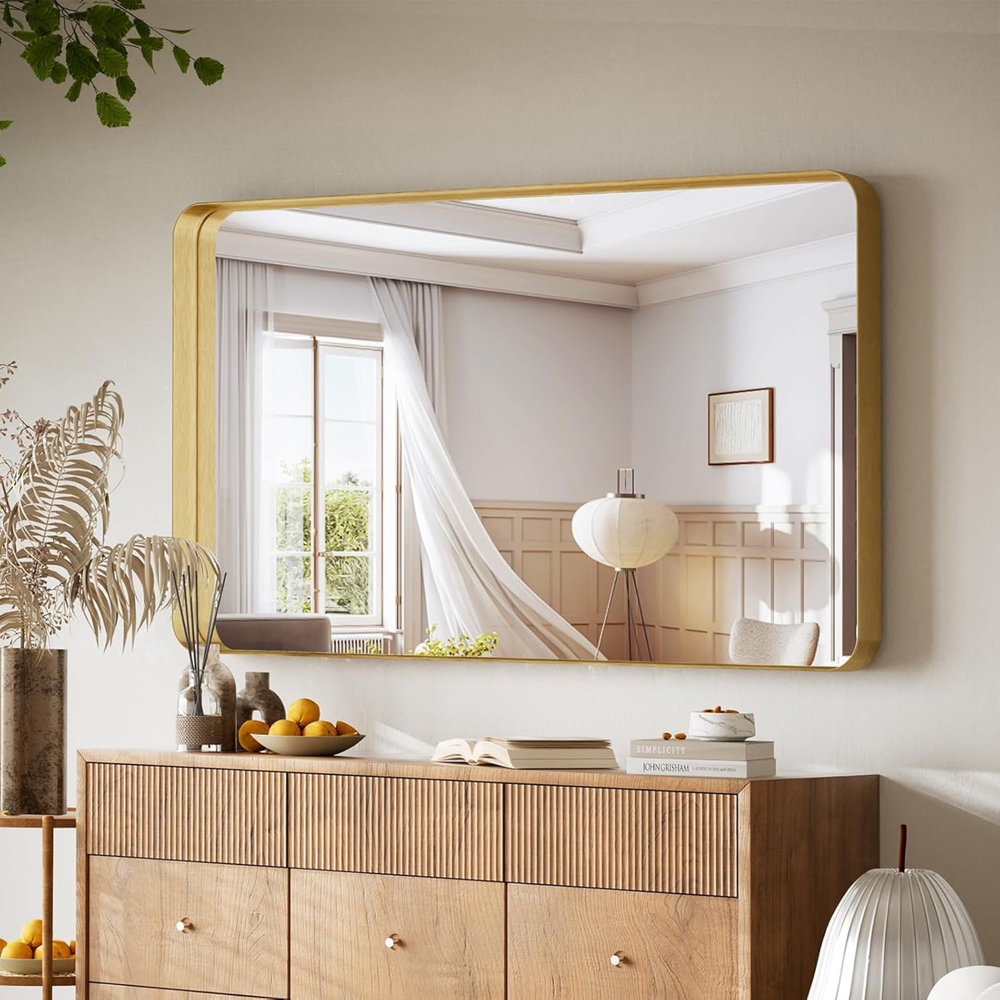 VooBang Bathroom Mirror 30x48 inch, Gold Gorgeous Deep Frame Wall Mirror, Modern Round Corner Bathroom Vanity Mirror for Bedroom, Living Room, Hanging or Leaning Horizontal or Vertical, Gold