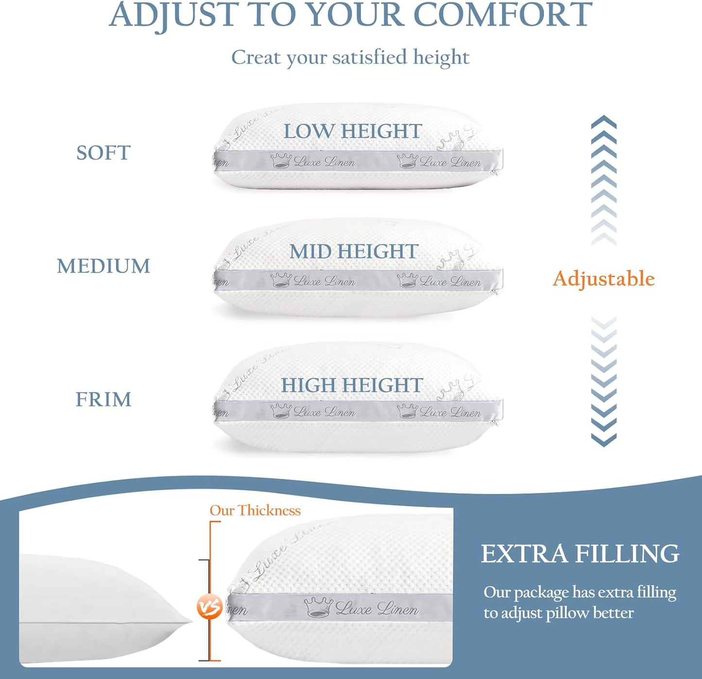 Organic Cotton Standard Bed Pillows, Shredded Memory Foam Pillows, Adjustable Bed Pillow for Sleeping, 18"x26"Organic Cotton Bed Pillows for Side, Back, Stomach Sleepers（Pack of 1）
