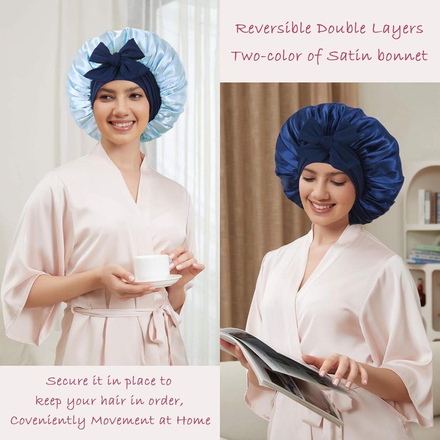 Satin Bonnet with Tie Band,Silk Hair Bonnet for Sleeping Women,Bonnets for Women,Double Layer Sleep Cap for Braids Curly Hair