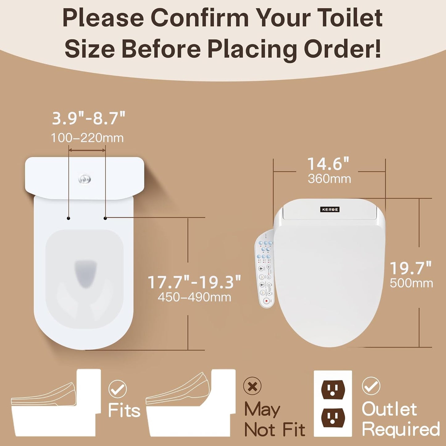 KERDE P30A Electric Bidet Toilet Seat with Auto Flush & Dual-Control (Remote+Panel) – Heated Seat, Warm Water Wash, Self-Cleaning Nozzle, Universal Fit for Elongated Toilets (Remote+Armrest)