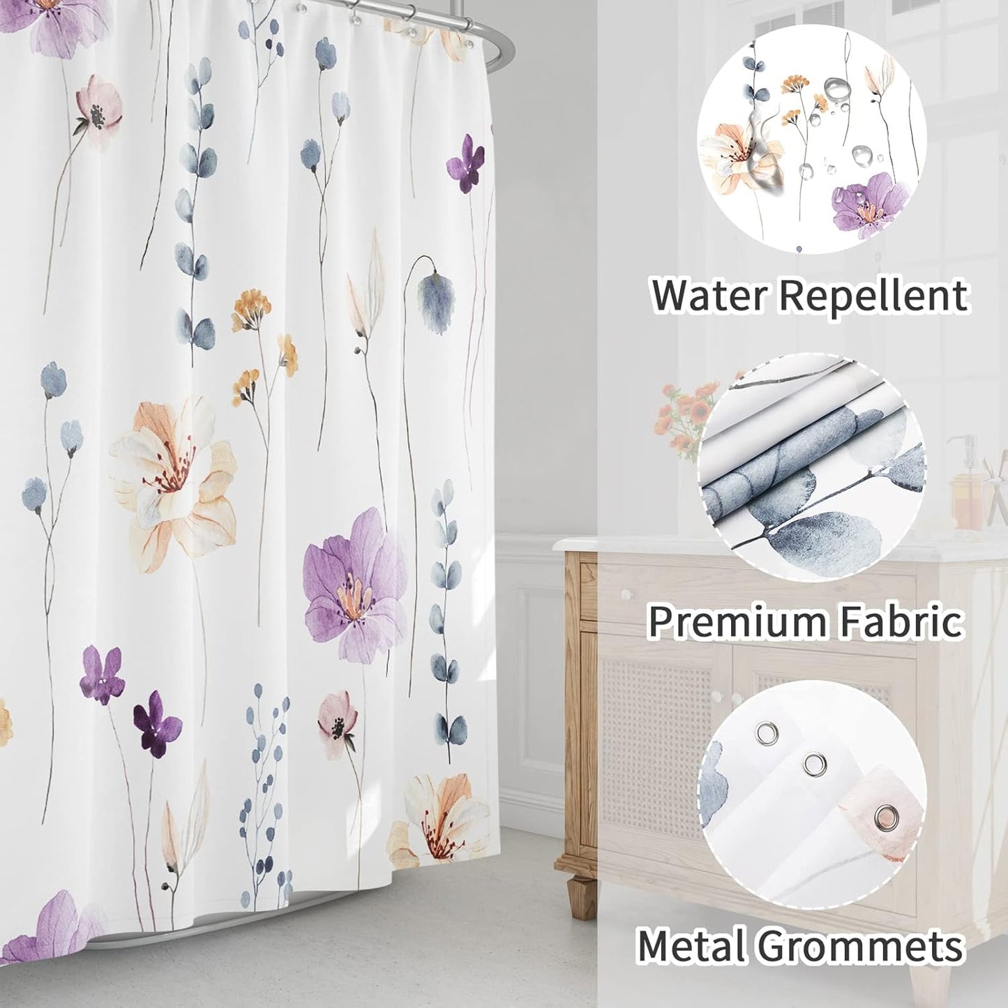 Gibelle Long Shower Curtain 72 x 78, Watercolor Floral Fabric Shower Curtain, Purple Beige Flower Decorative Bathroom Shower Curtain Set with Hooks