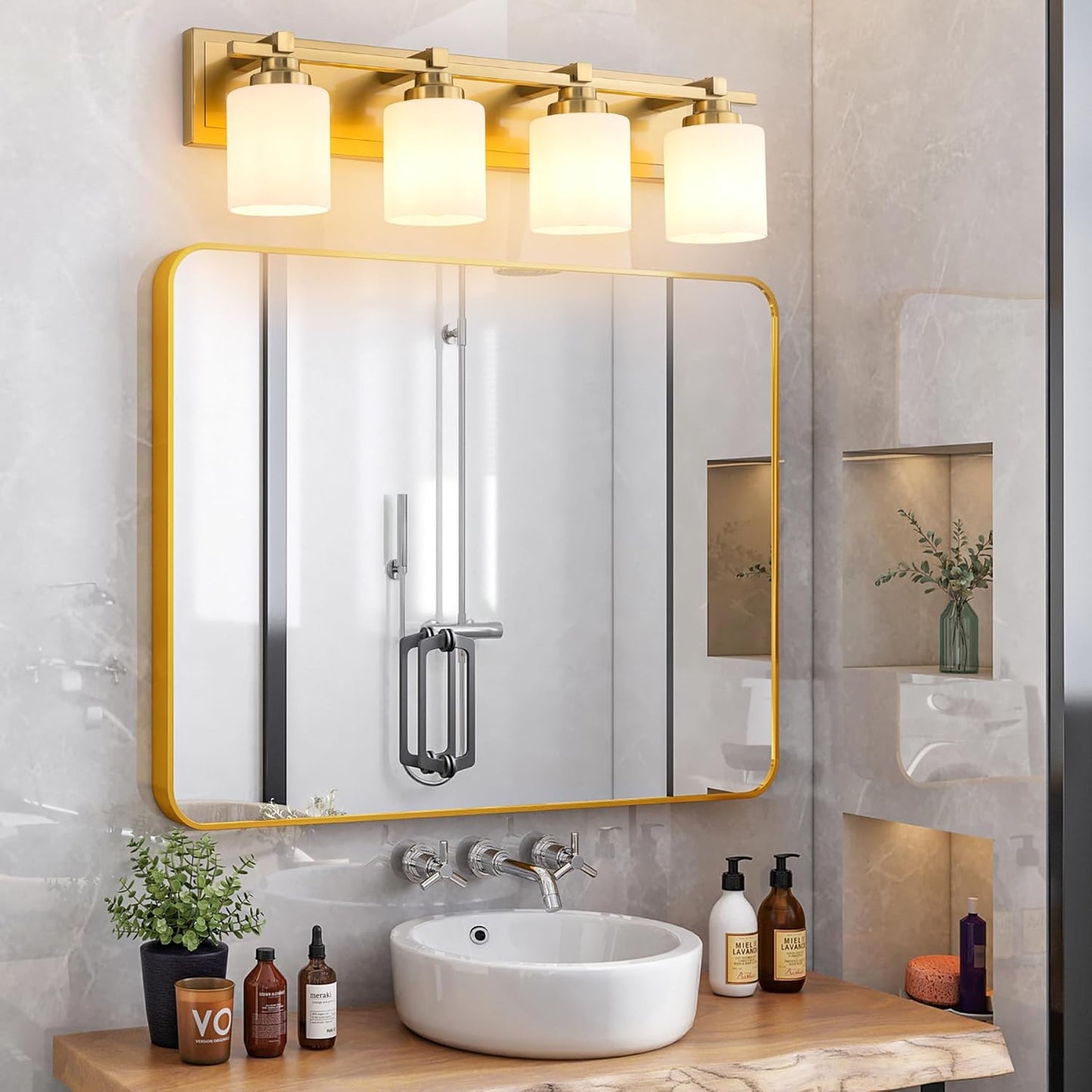 4 Light Modern Bathroom Light Fixtures Over Mirror, Brass Finish Vanity Lights for Bathroom Wall Sconces with Milky White Glass Shades, E26 Socket (Bulbs Not Included)