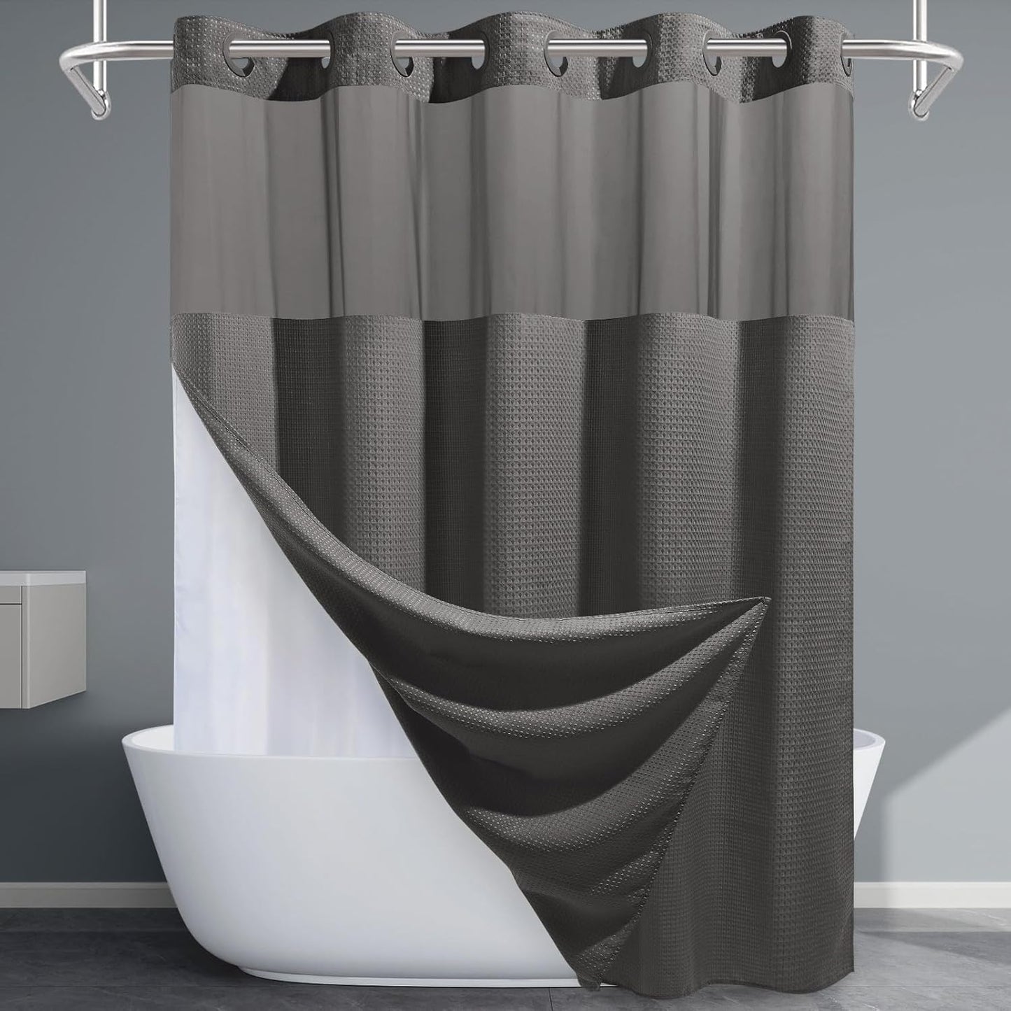 Charcoal Grey No Hook Shower Curtain with Snap in Liner,230GSM Waffle Weave Shower Curtains for Bathroom,71W x 74H